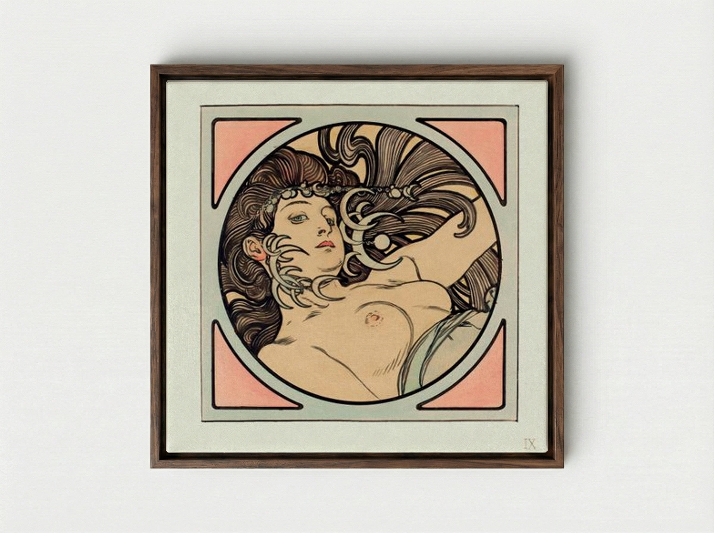 Stained Glass Window for the Facade of the Fouquet Boutique - Alphonse Mucha - Framed Canvas Dark Wood