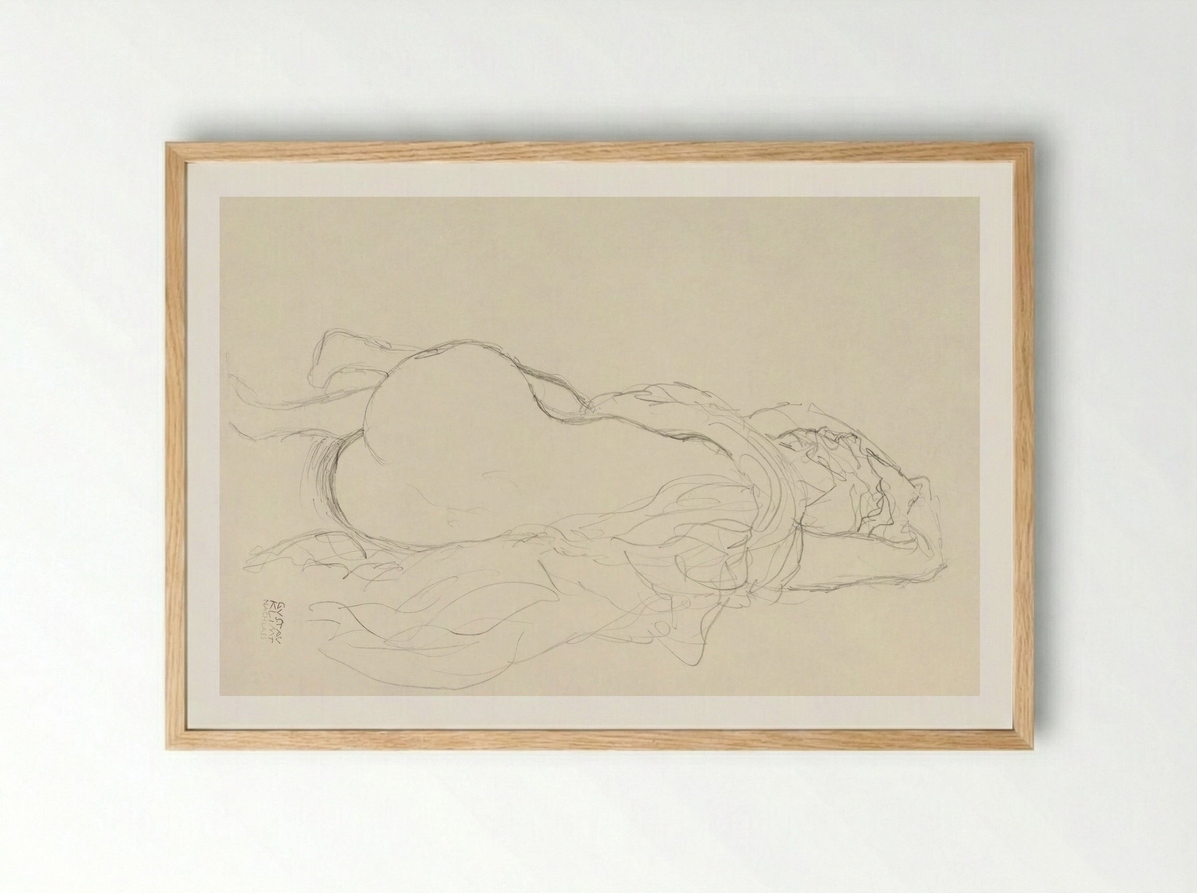 Reclining Nude with Drapery, Back View - Gustav Klimt - Framed Print Wood