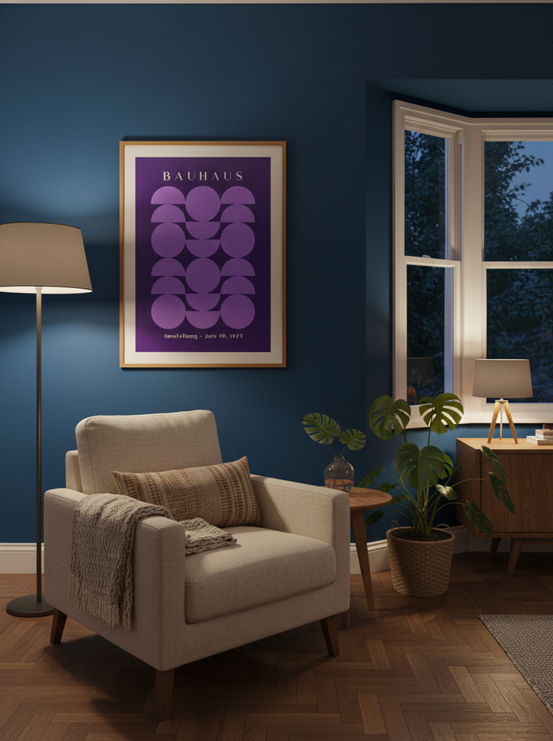 Bauhaus Symmetry in Violet - Geometric Poster - Lifestyle