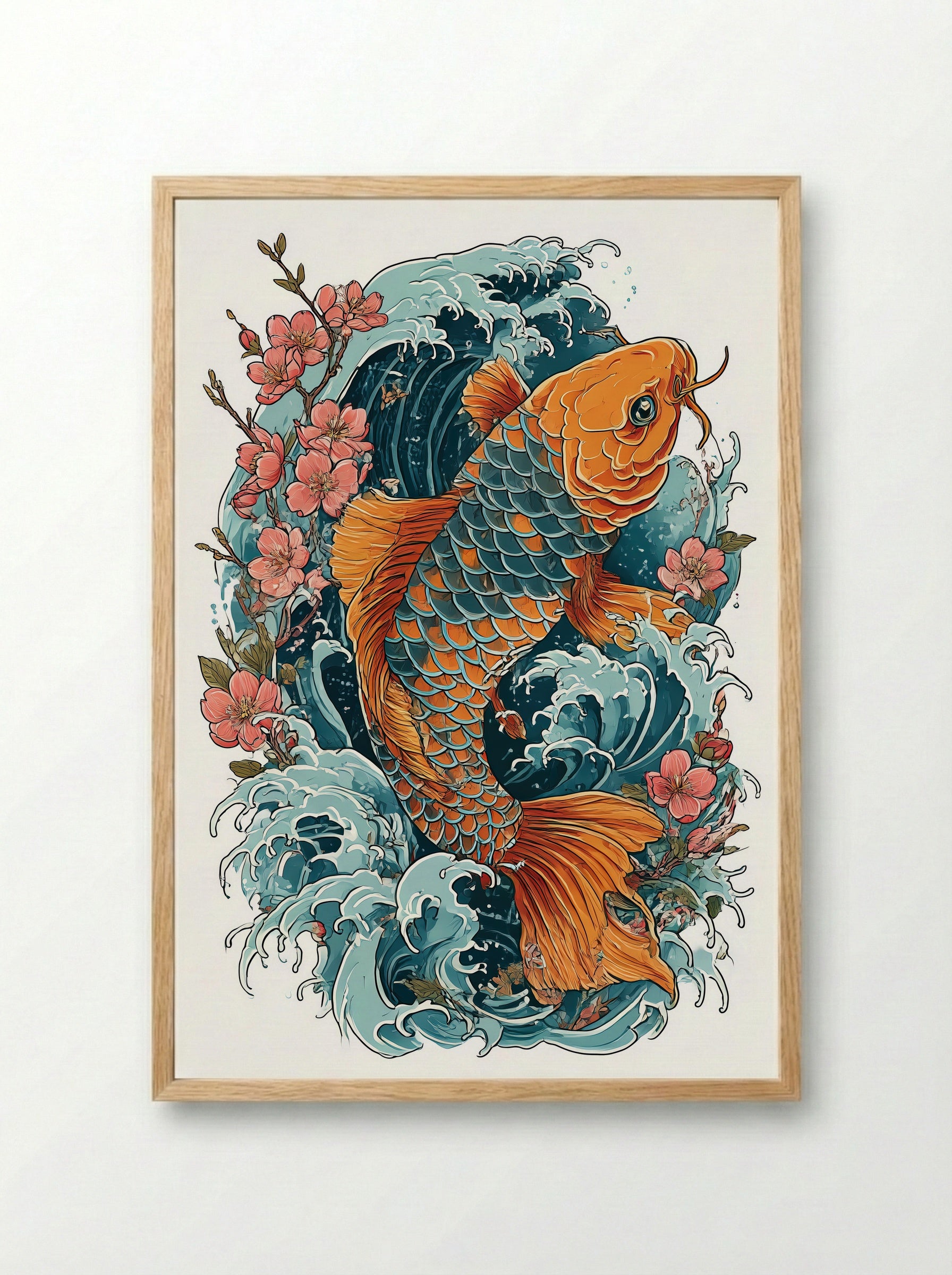 Koi Fish and Cherry Blossoms - Japanese Symbolic Art Print - Framed Print Wood