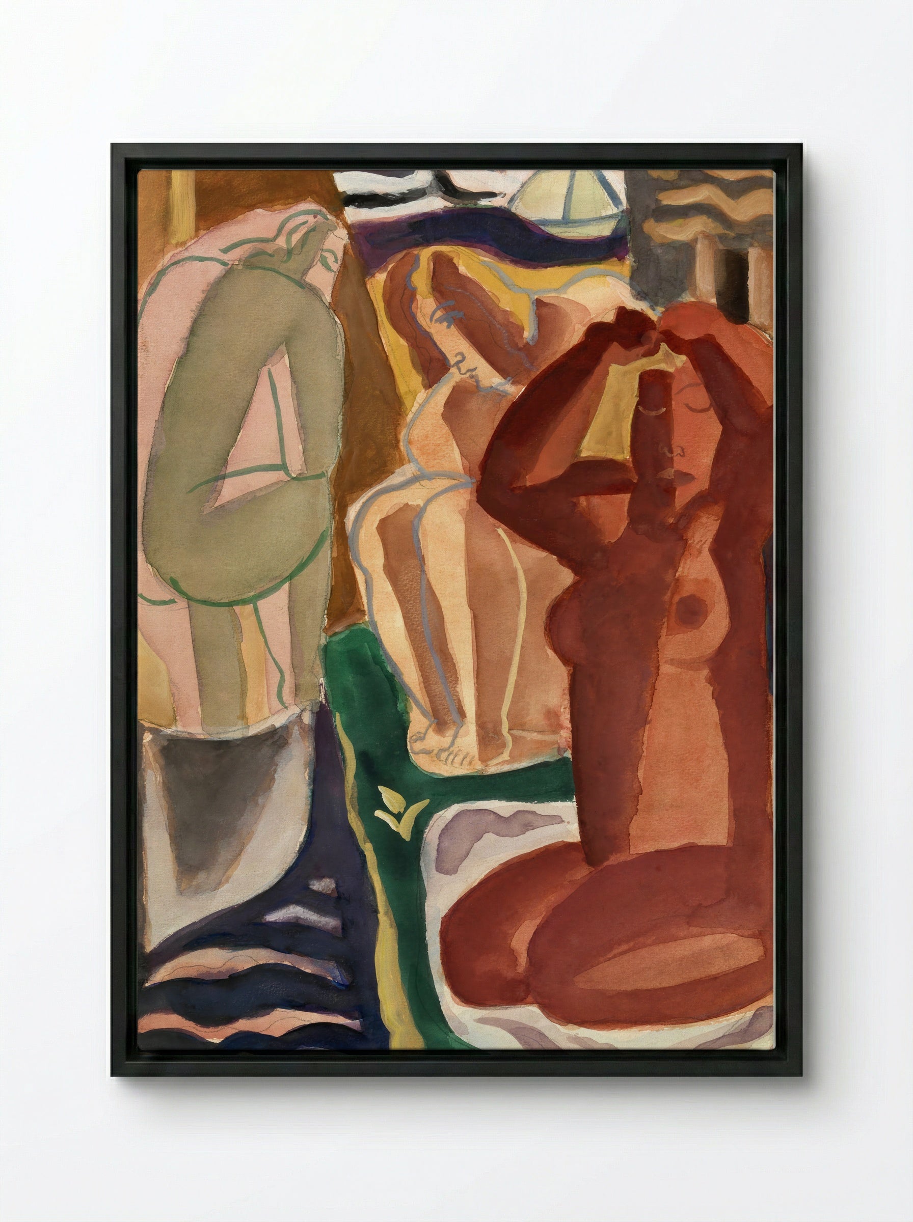 Two Bathing Women and a Bridge Figure - Leo Gestel - Framed Canvas Black