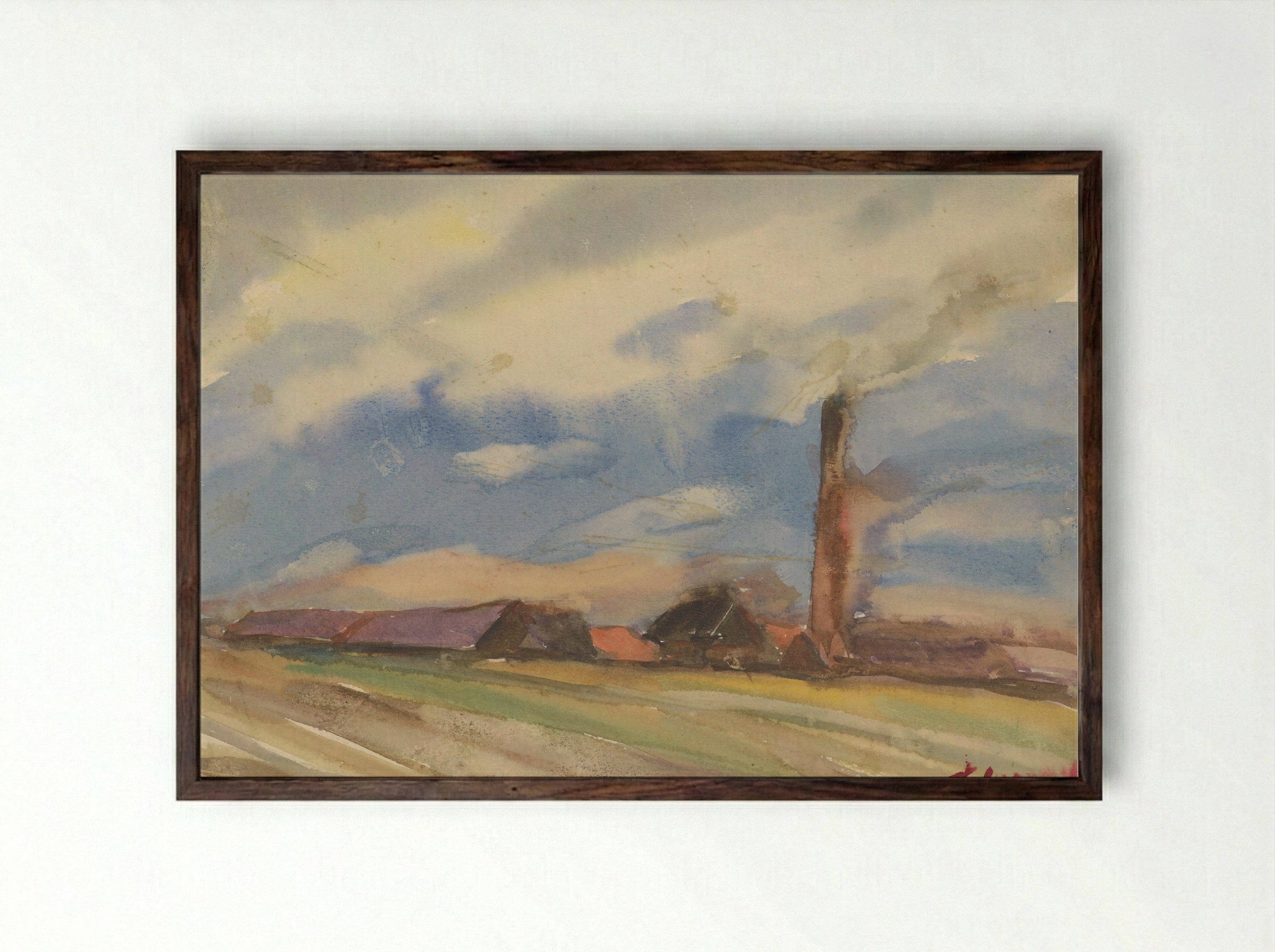 Brown Village, View from the Fields - Zolo Palugyay - Framed Print Dark Wood
