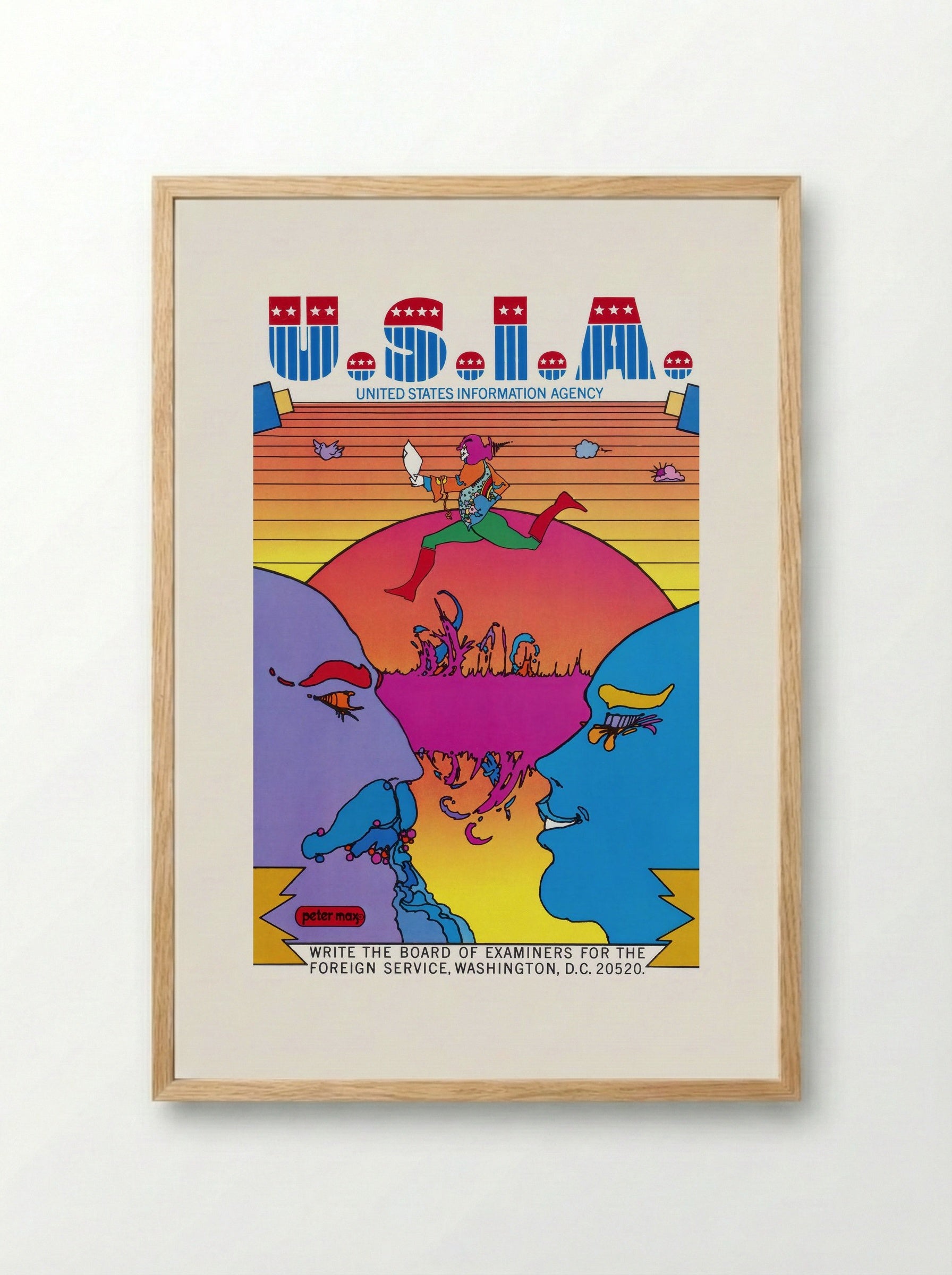 U.S.I.A. United States Information Agency Poster - Peter Max - Framed Print Wood