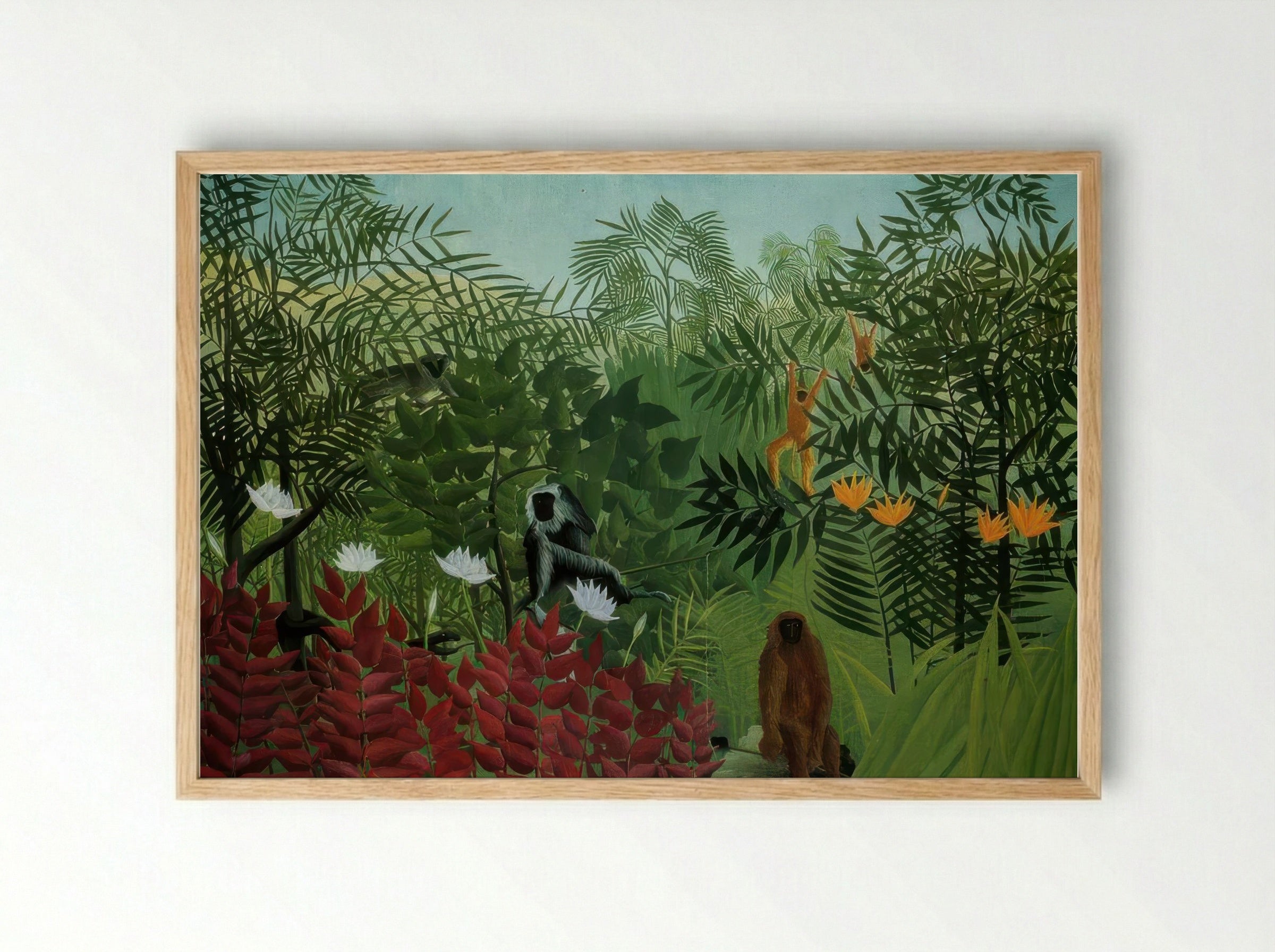 Tropical Forest with Apes and Snake by Henri Rousseau – Naïve Art Jungle Fantasy Print - Framed Print Wood