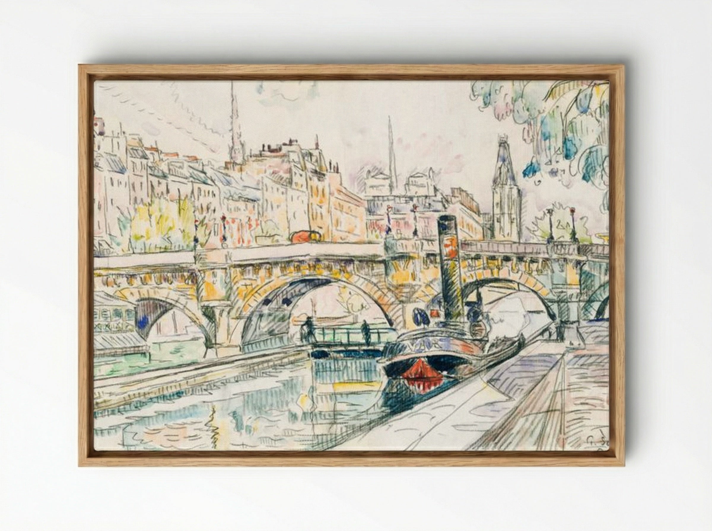 Tugboat at the Pont Neuf, Paris - Paul Signac - Framed Canvas Wood