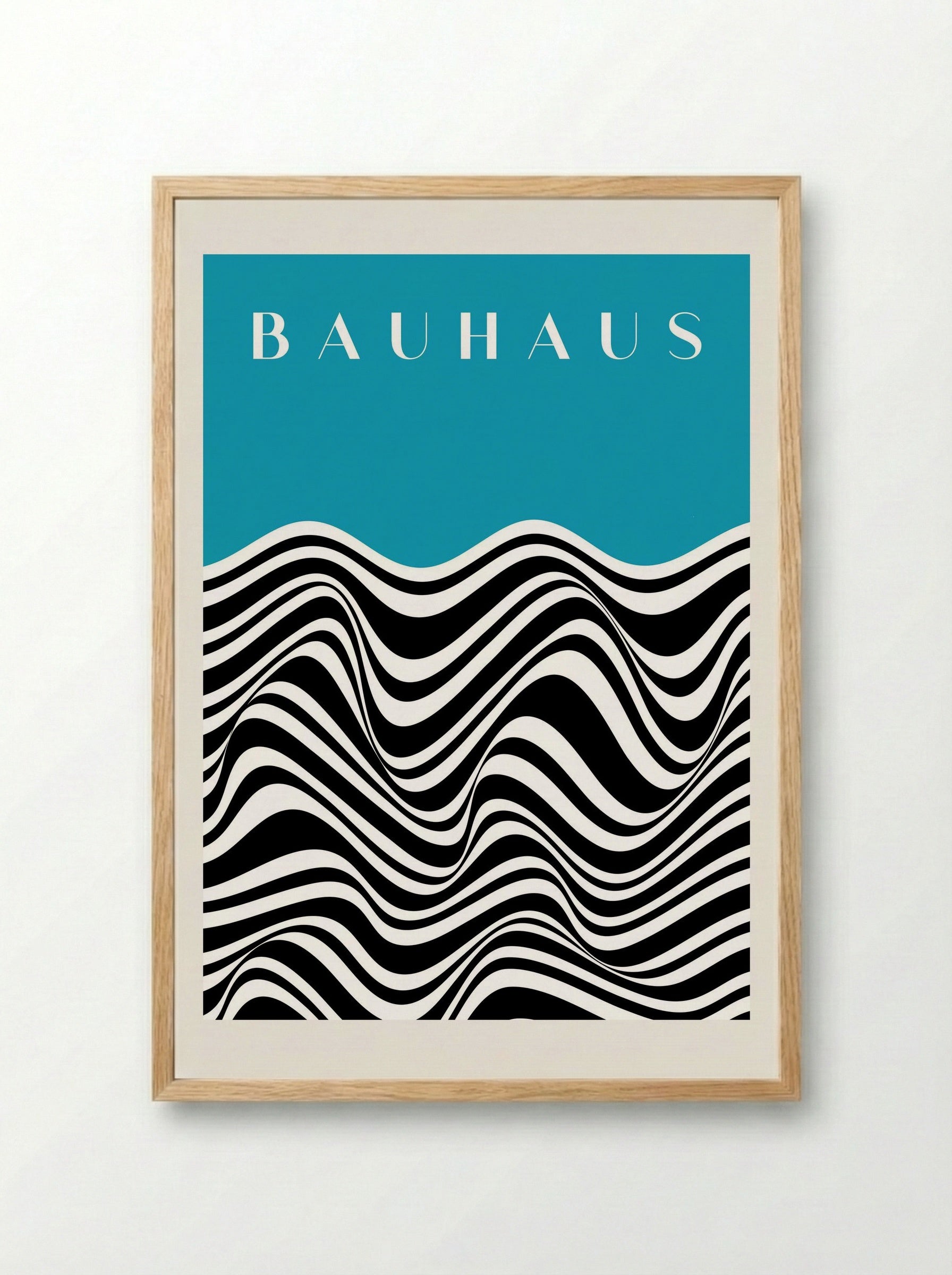 Bauhaus Waves on Cyan - Framed Print Wood