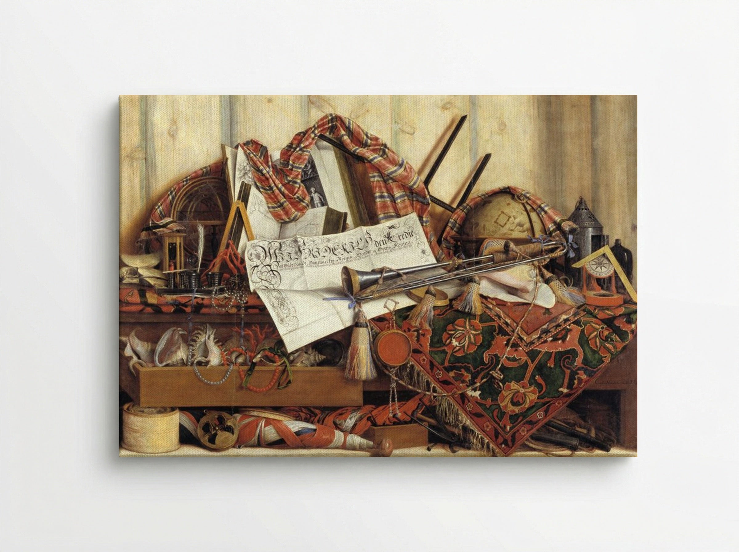 Trompe l'oeil with trumpet, celestial globe and Frederik III's proclamation - Cornelis Norbertus Gysbrechts - Canvas