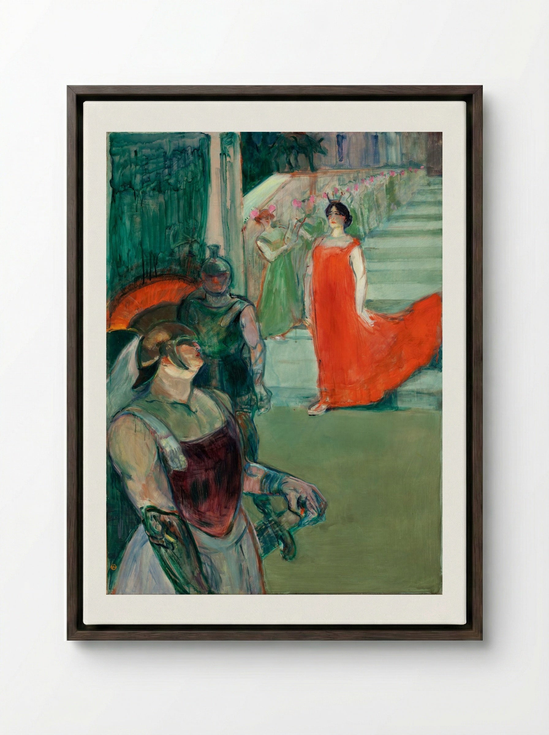 The Opera Messalina at Bordeaux: Messaline Descends the Staircase Bordered by Extras - Henri de Toulouse-Lautrec - Framed Canvas Dark Wood