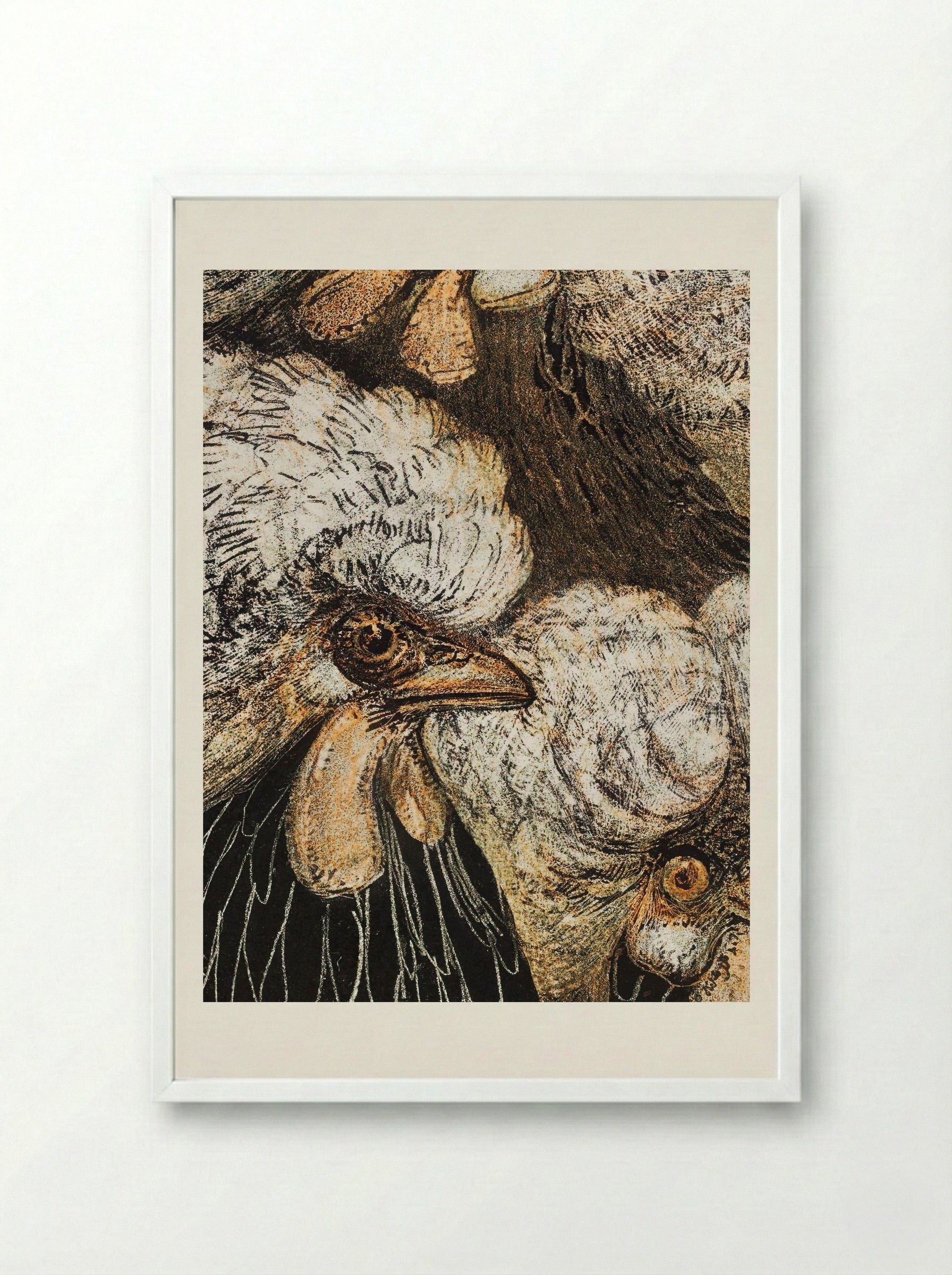 Drie kuifkippen (Three Crested Chickens) - Theo van Hoytema - Framed Print White