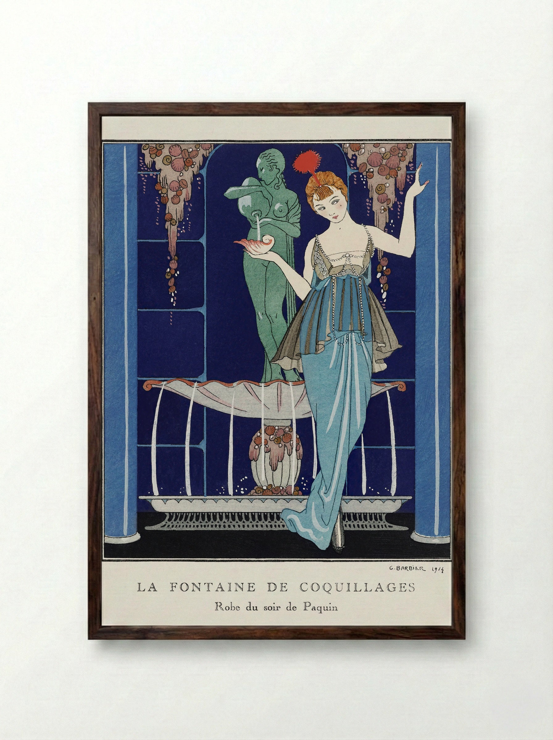 La Fontaine de Coquillages, Robe du Soir de Paquin - George Barbier - Framed Print Dark Wood