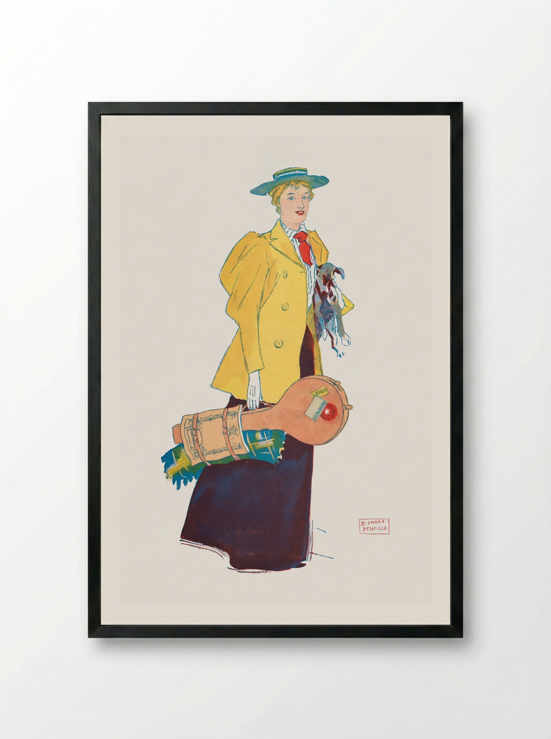 Woman Holding Dog and Luggage - Edward Penfield - Framed Print Black
