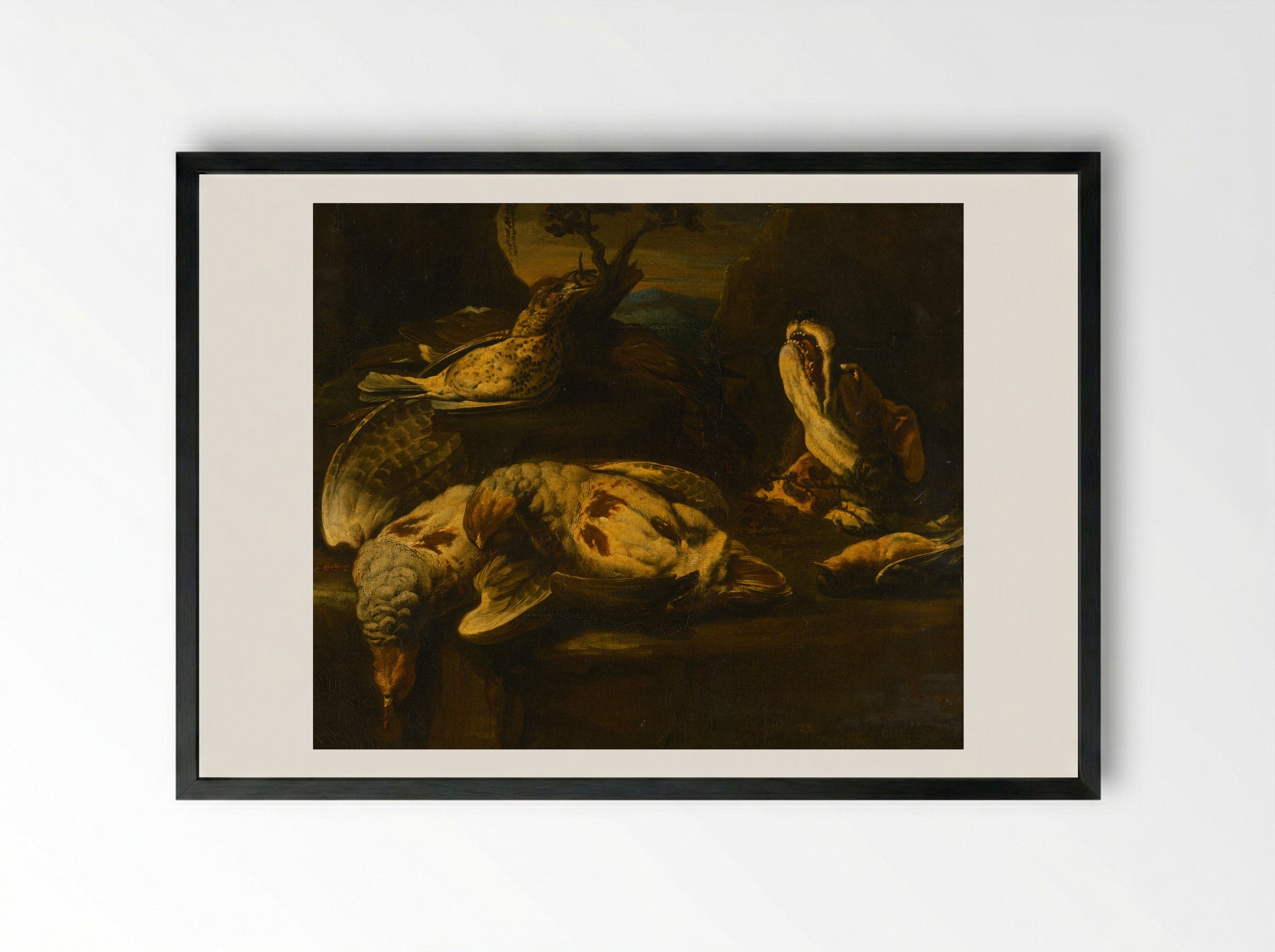 Hunting Still Life with Birds and Dog - Fine Art Print - Framed Print Black