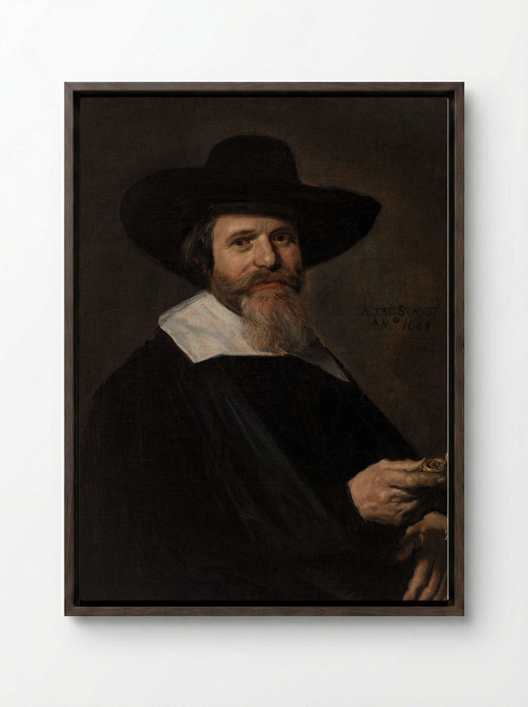 Portrait of a Man Holding a Watch - Frans Hals - Framed Canvas Dark Wood