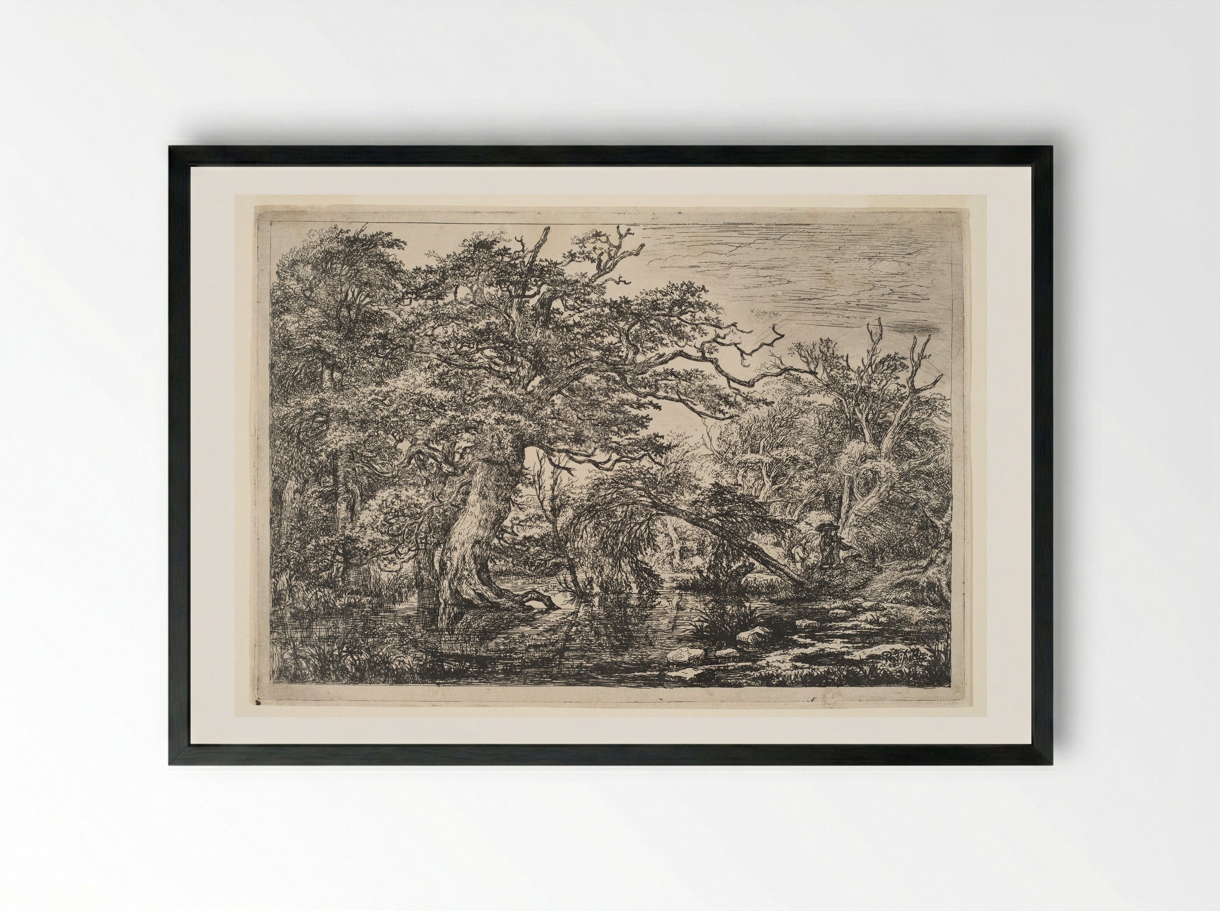A Forest Marsh with Travelers on a Bank - Jacob van Ruisdael - Framed Print Black