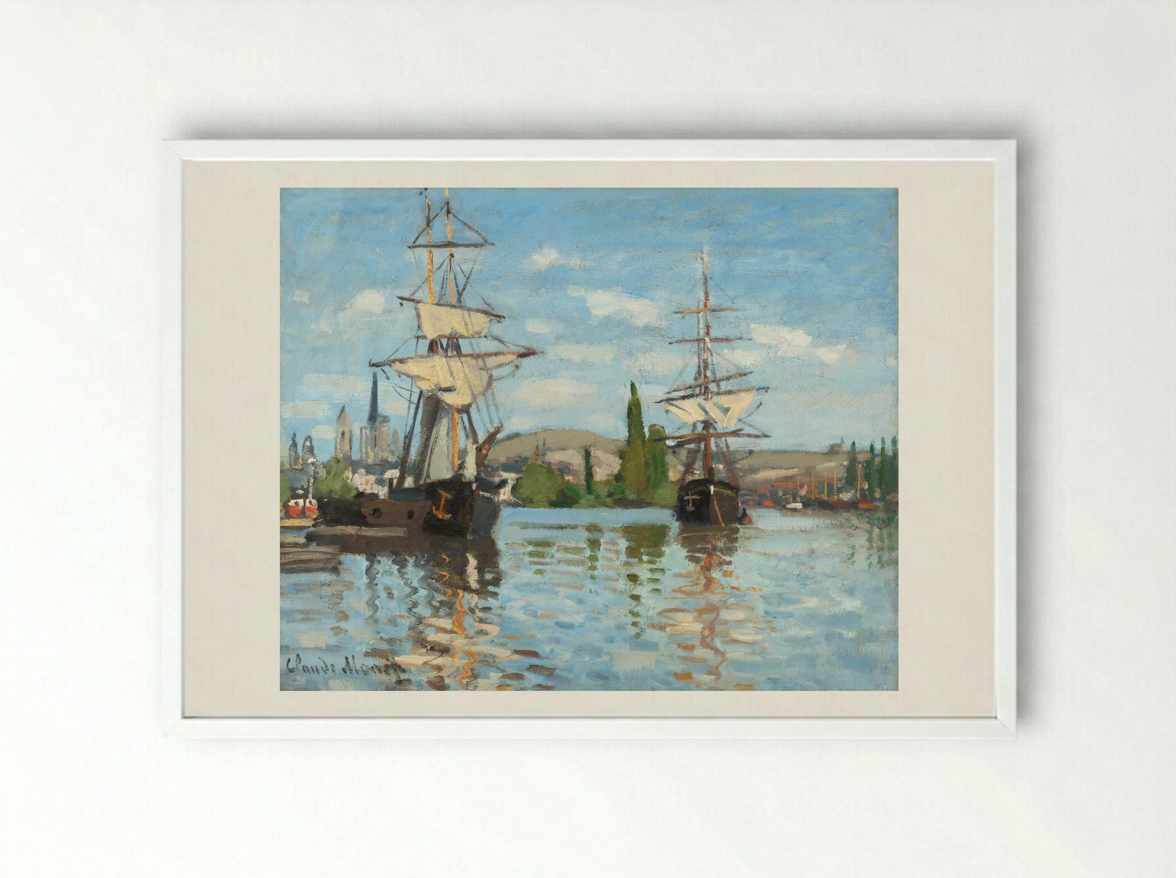 Ships Riding on the Seine at Rouen - Claude Monet - Framed Print White