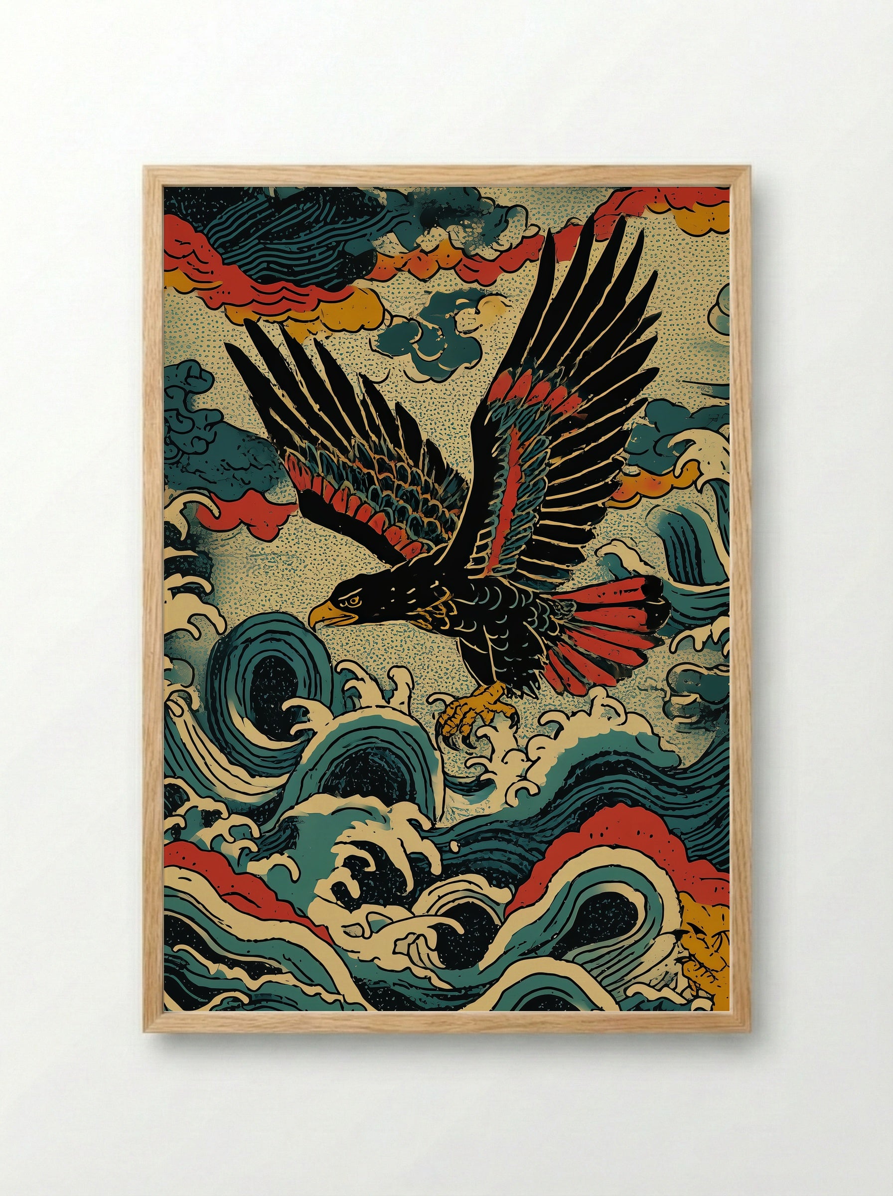 Eagle in Stormy Seas - Japanese Ukiyo-e Inspired Art Print - Framed Print Wood