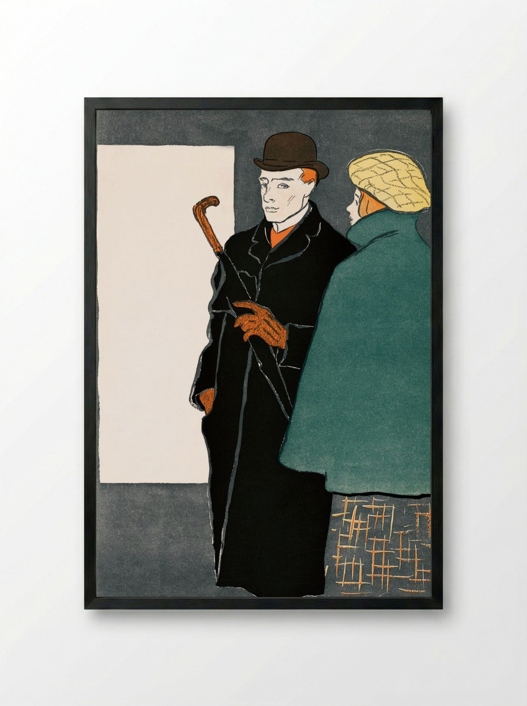 Man with Walking Stick and Woman - Edward Penfield - Framed Print Black