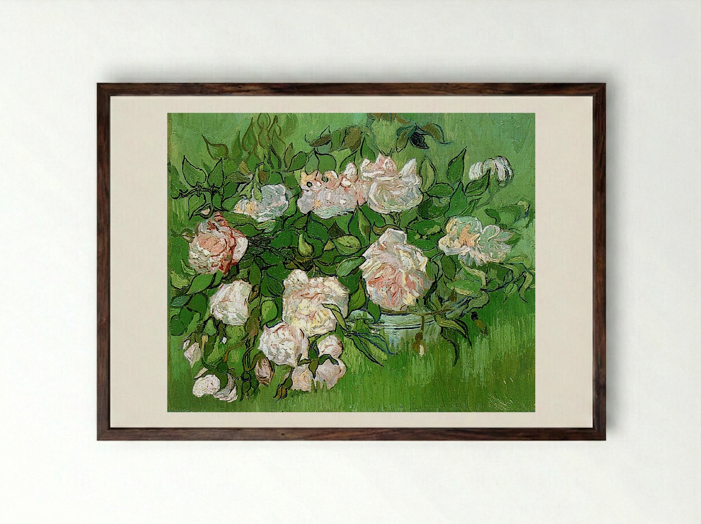 Still Life with Pink Roses - Vincent van Gogh - Framed Print Dark Wood