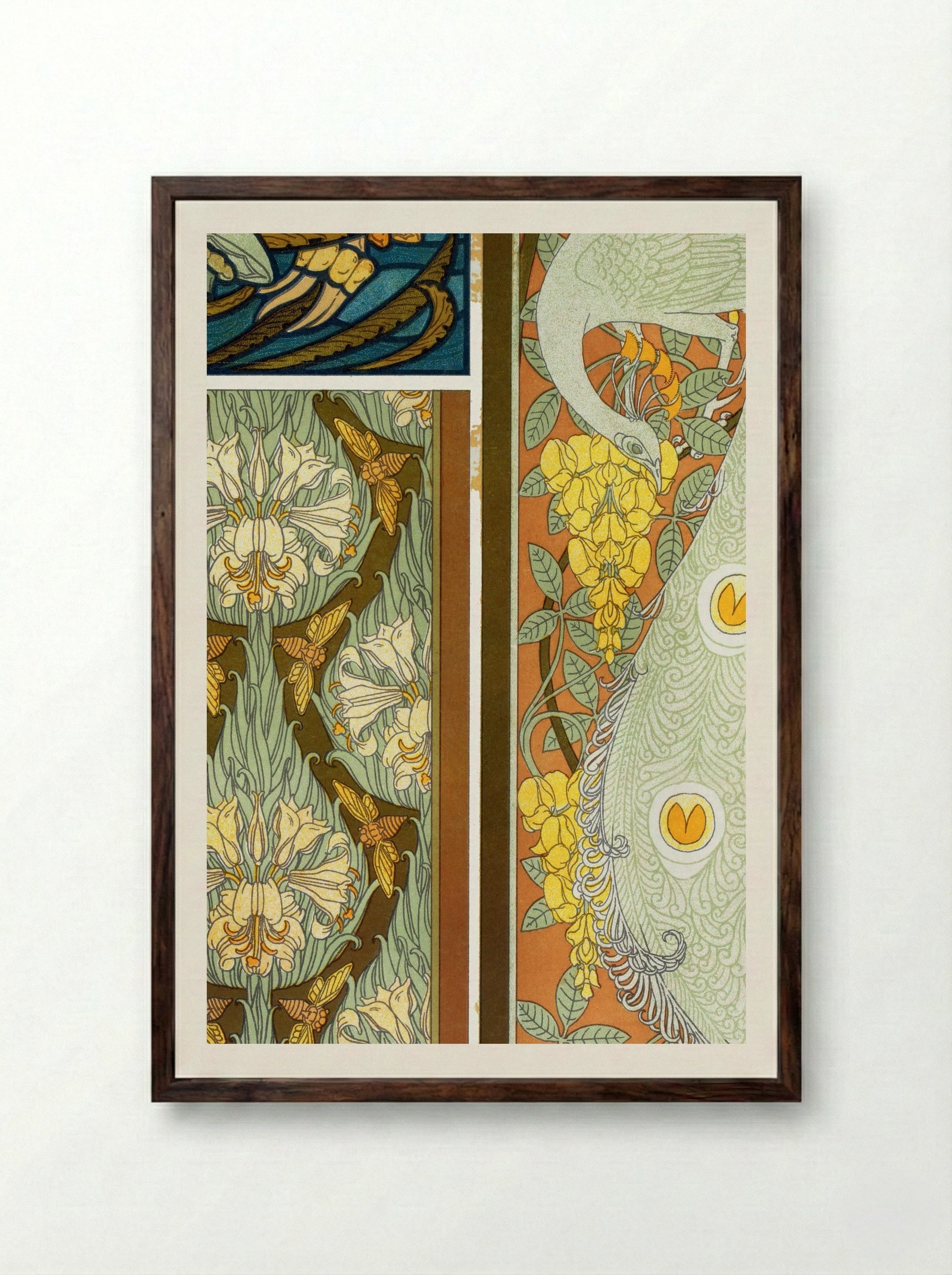 Meduses et Algues, Vitrail. Cigales et Lis, Paons et Cytise, Bordures (Plate 17 from L'animal dans la décoration) - Maurice Pillard Verneuil - Framed Print Dark Wood