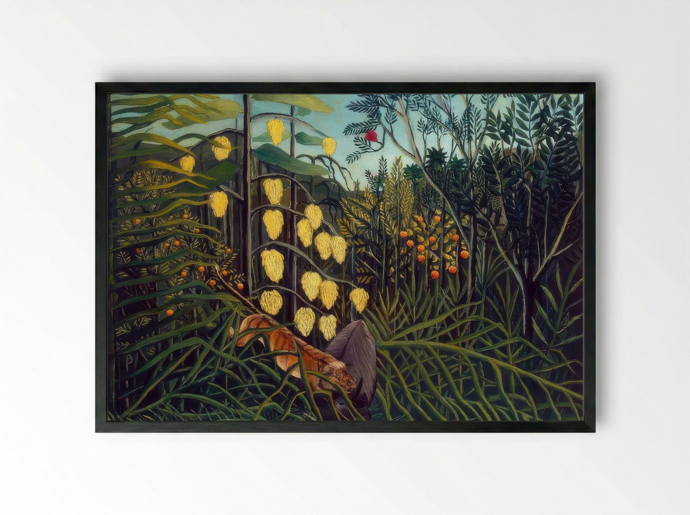 Tropical Forest with Battling Tiger and Buffalo by Henri Rousseau – Naïve Art Jungle Wildlife Print - Framed Print Black
