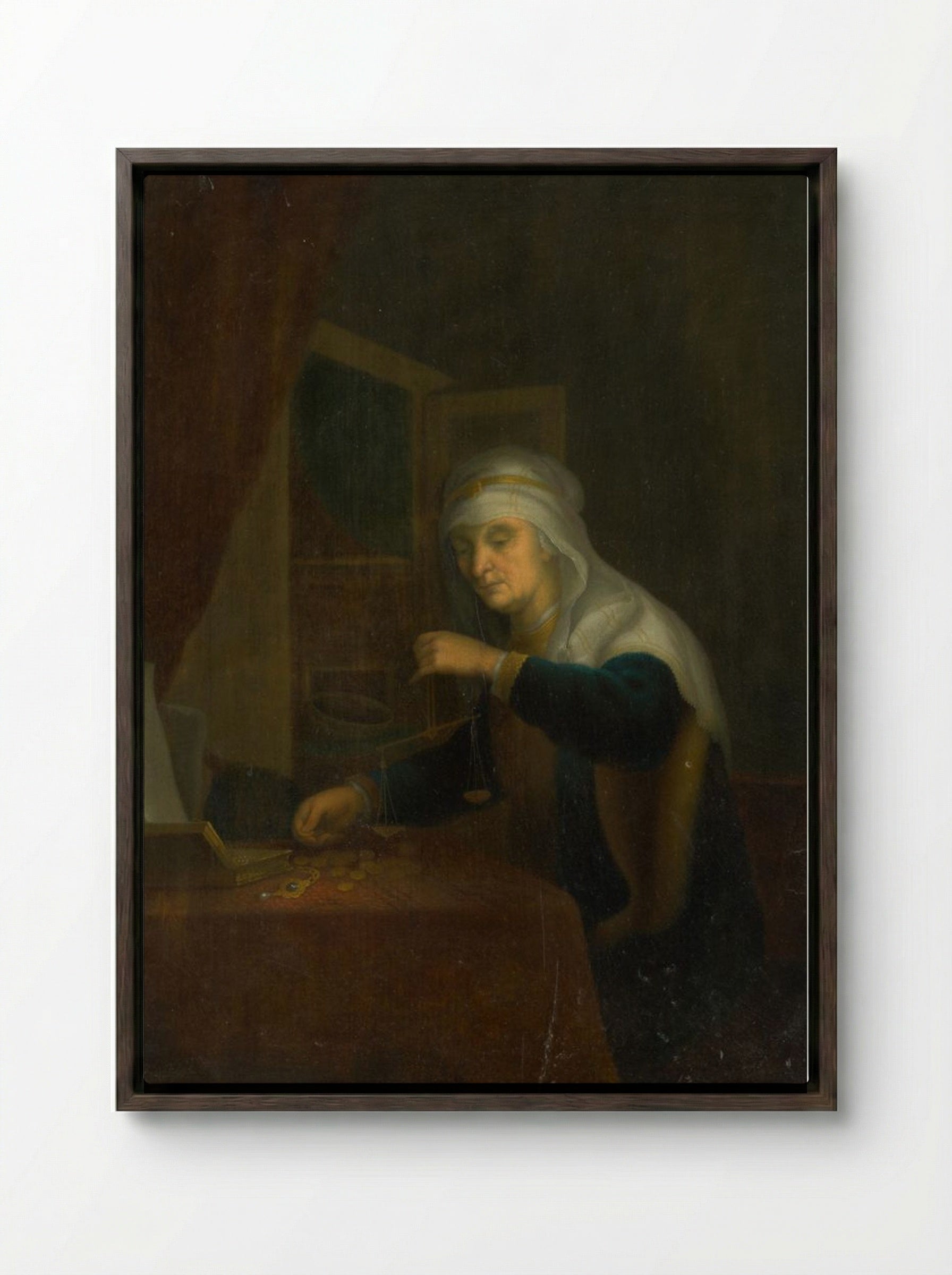 The Weighing of Gold - Pieter de Hooch - Framed Canvas Dark Wood