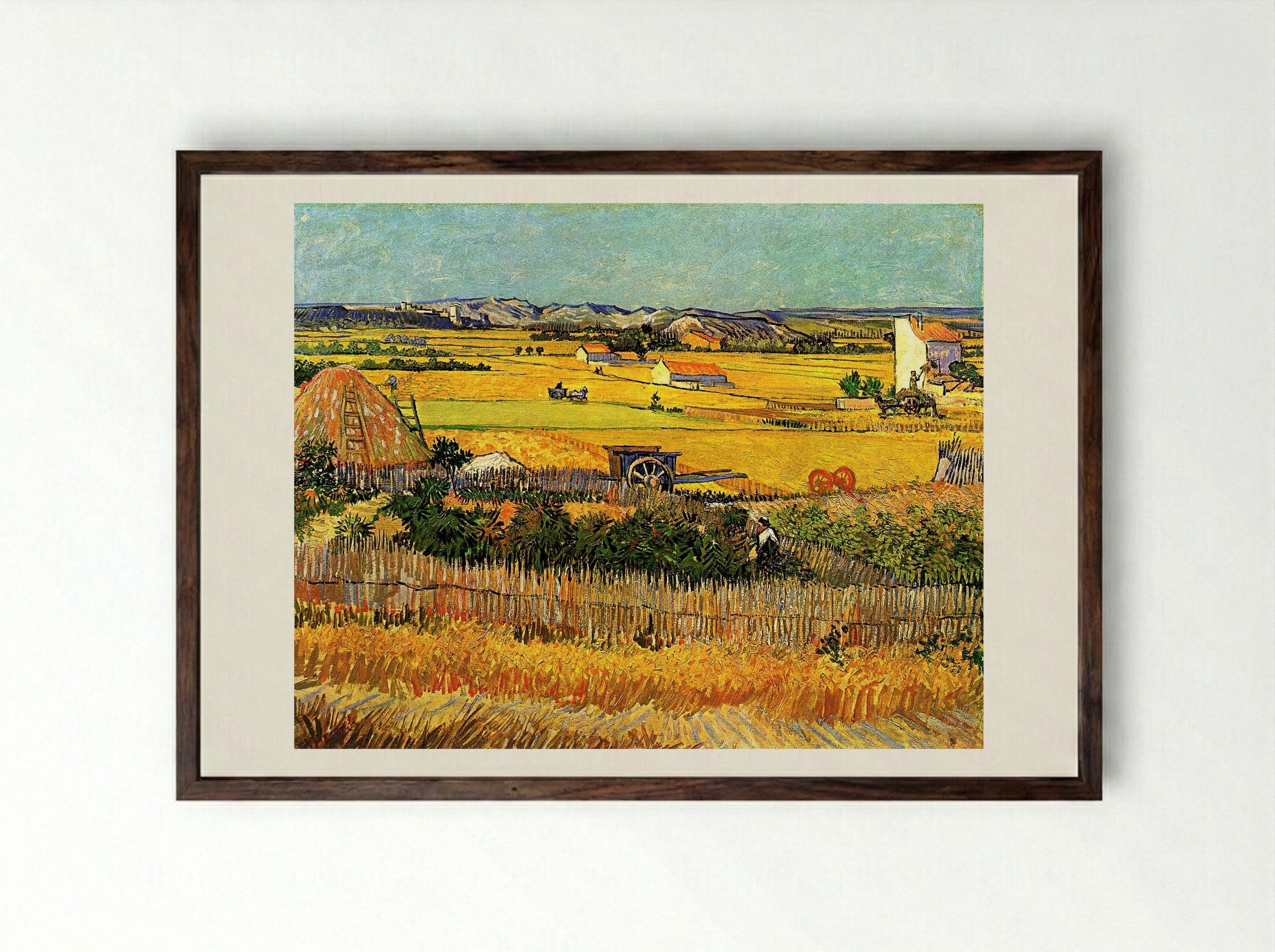 Harvest at La Crau, with Montmajour in the Background - Vincent van Gogh - Framed Print Dark Wood