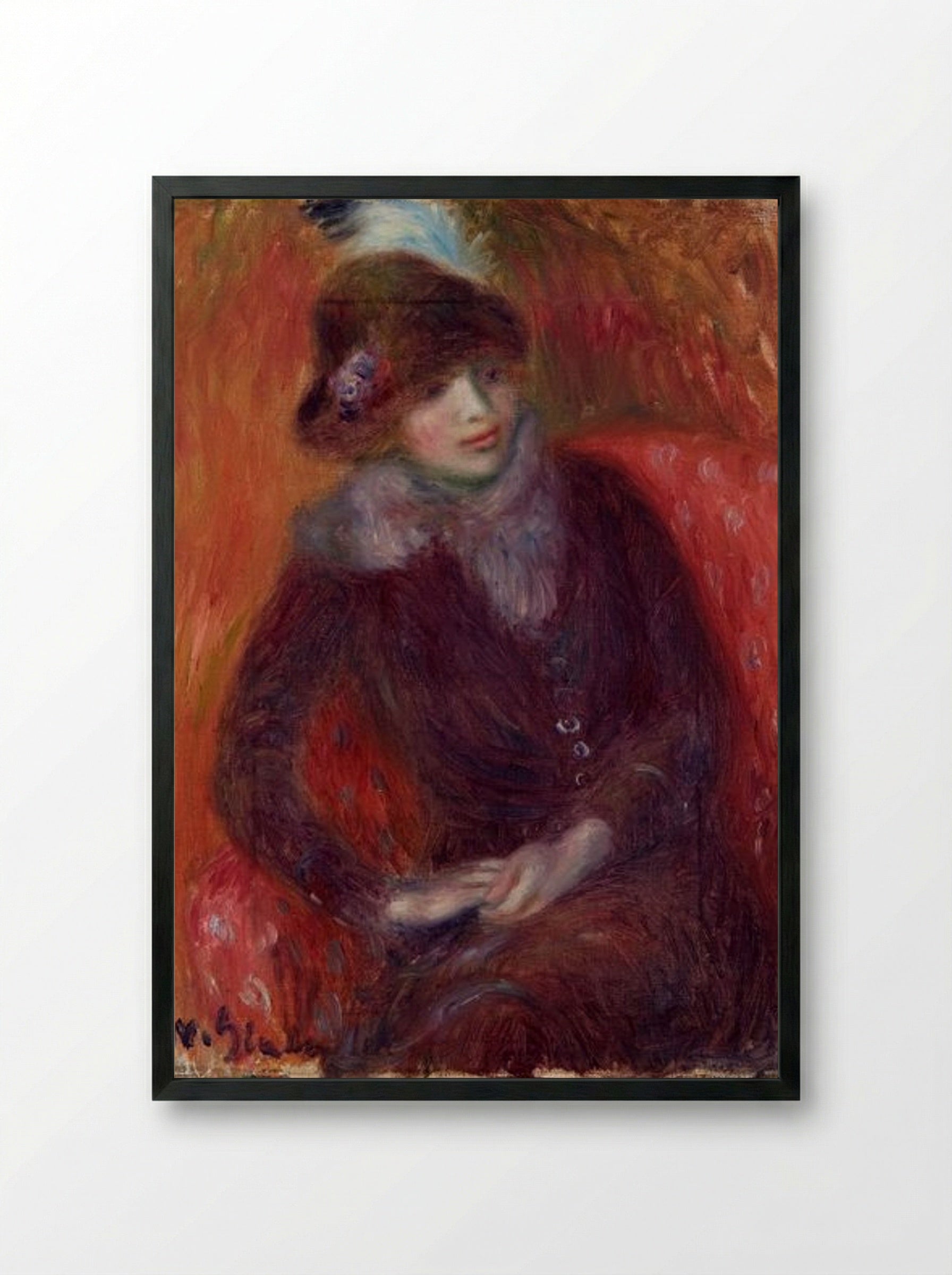 Seated Woman with Fur Neckpiece and Red Background - William James Glackens - Framed Print Black