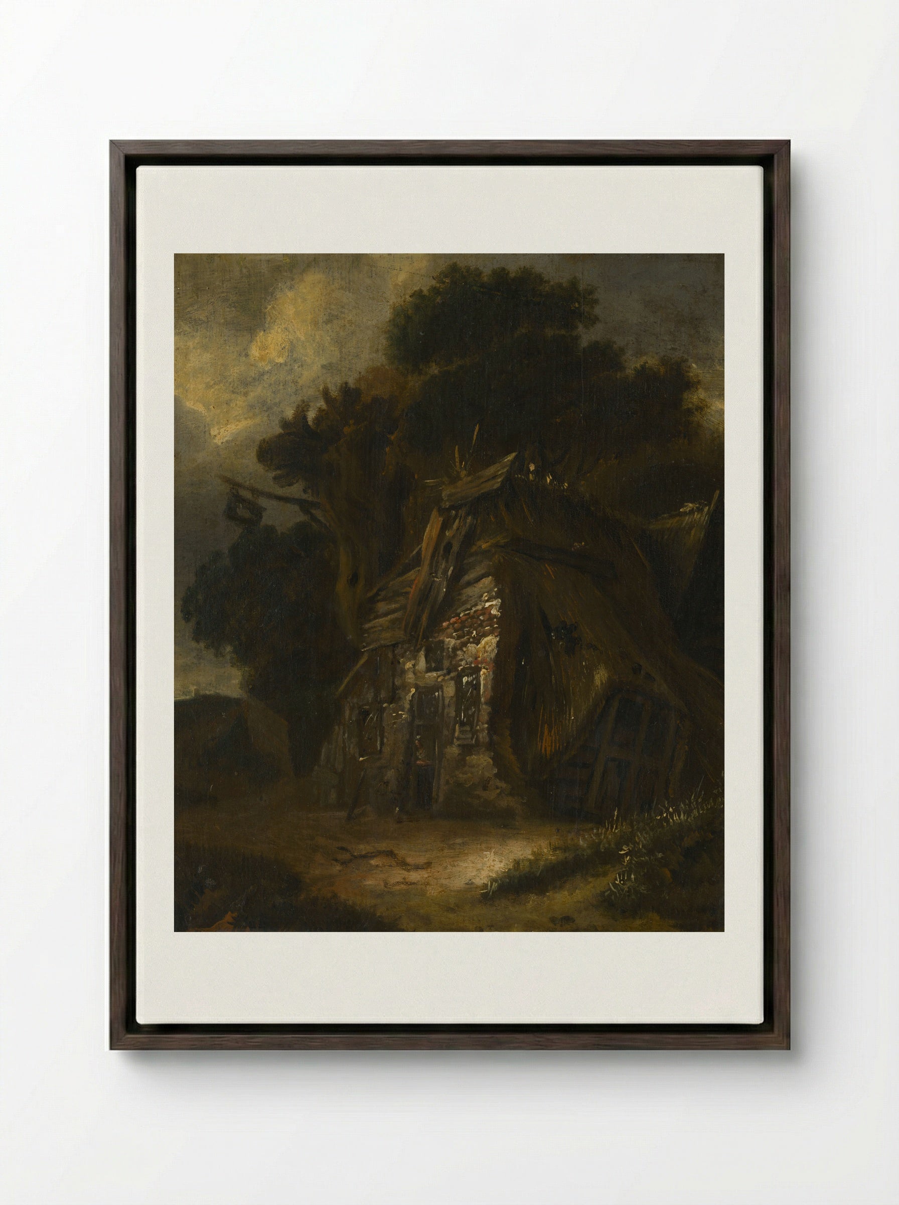Thatched Hut in Landscape - Fine Art Print - Framed Canvas Dark Wood
