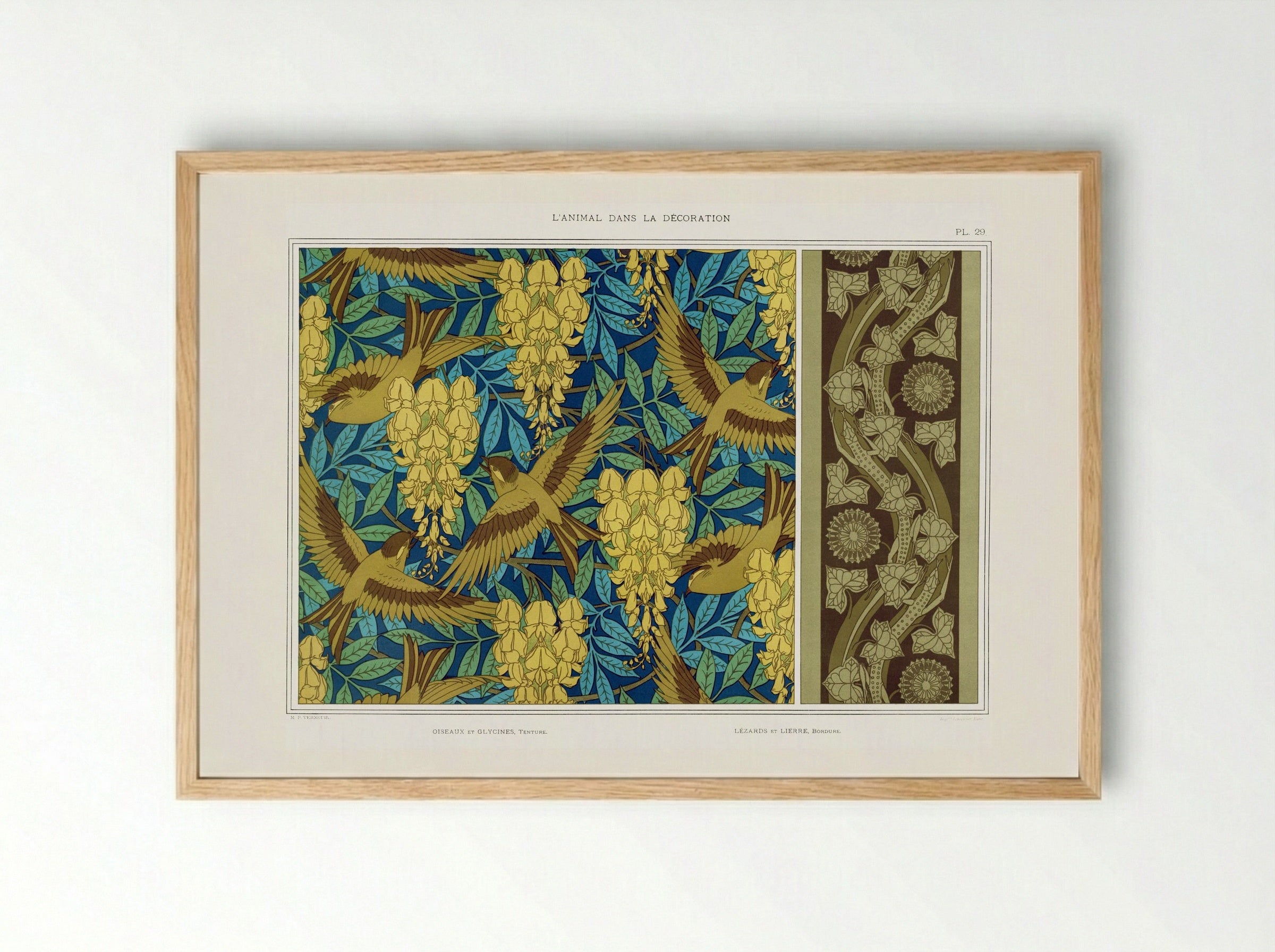 Oiseaux et Glycines, Tenture; Lézards et Lierre, Bordure - Maurice Pillard Verneuil - Framed Print Wood