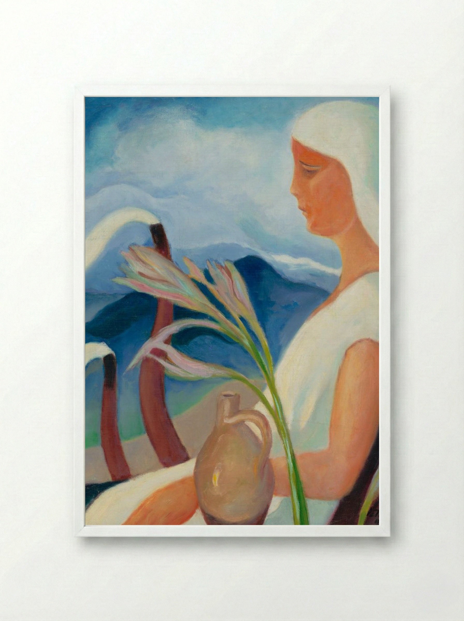 Girl in White with Factory Chimneys and Flowers - Zolo Palugyay - Framed Print White