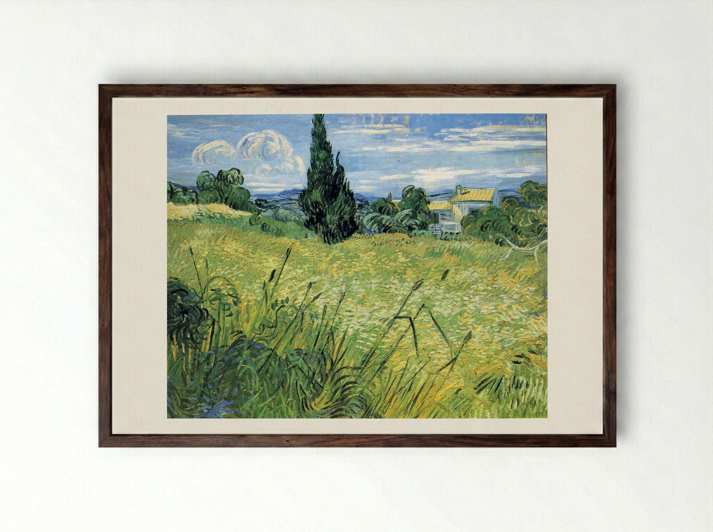 Green Wheat Field with Cypress - Vincent van Gogh - Framed Print Dark Wood