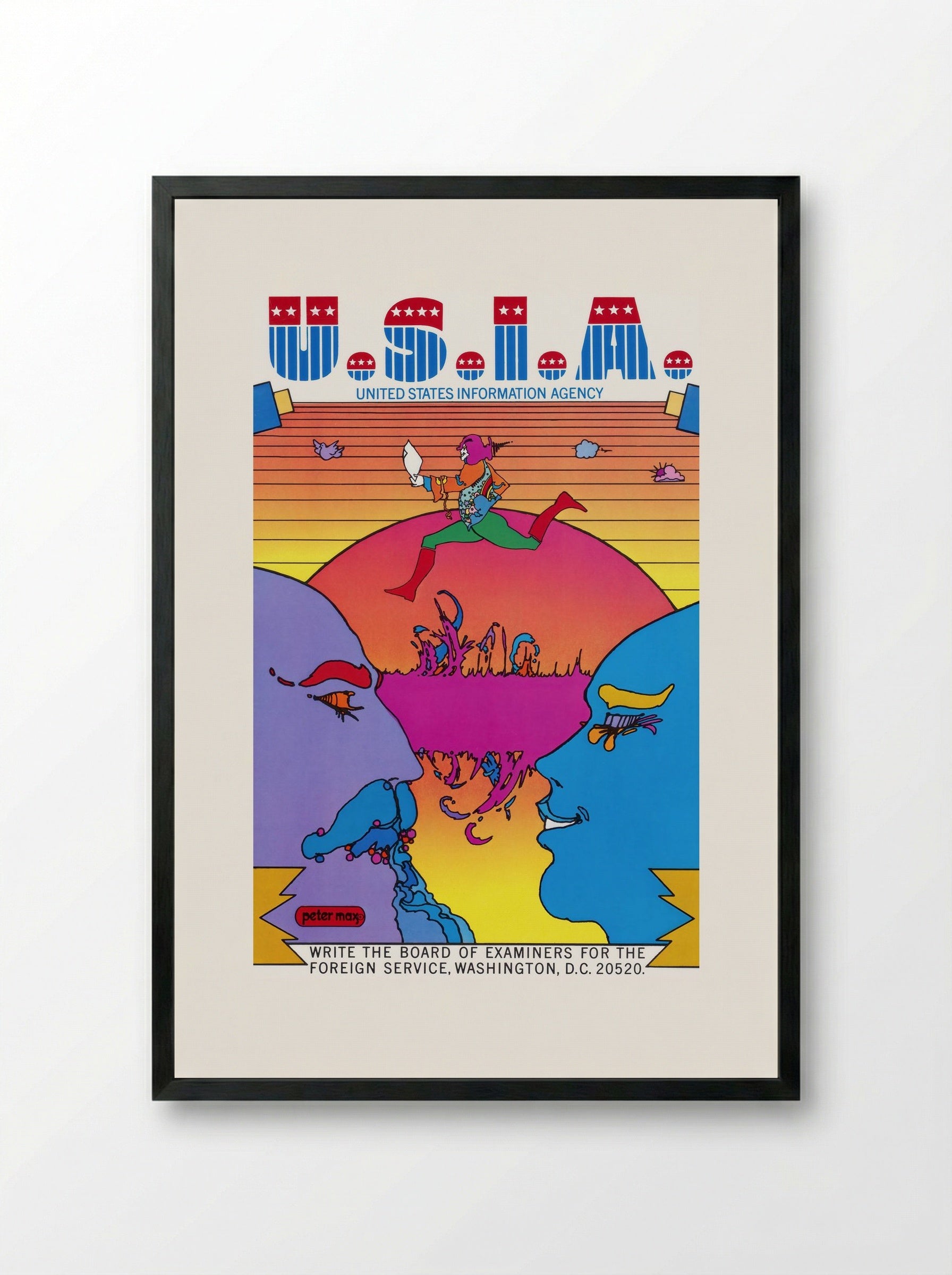 U.S.I.A. United States Information Agency Poster - Peter Max - Framed Print Black
