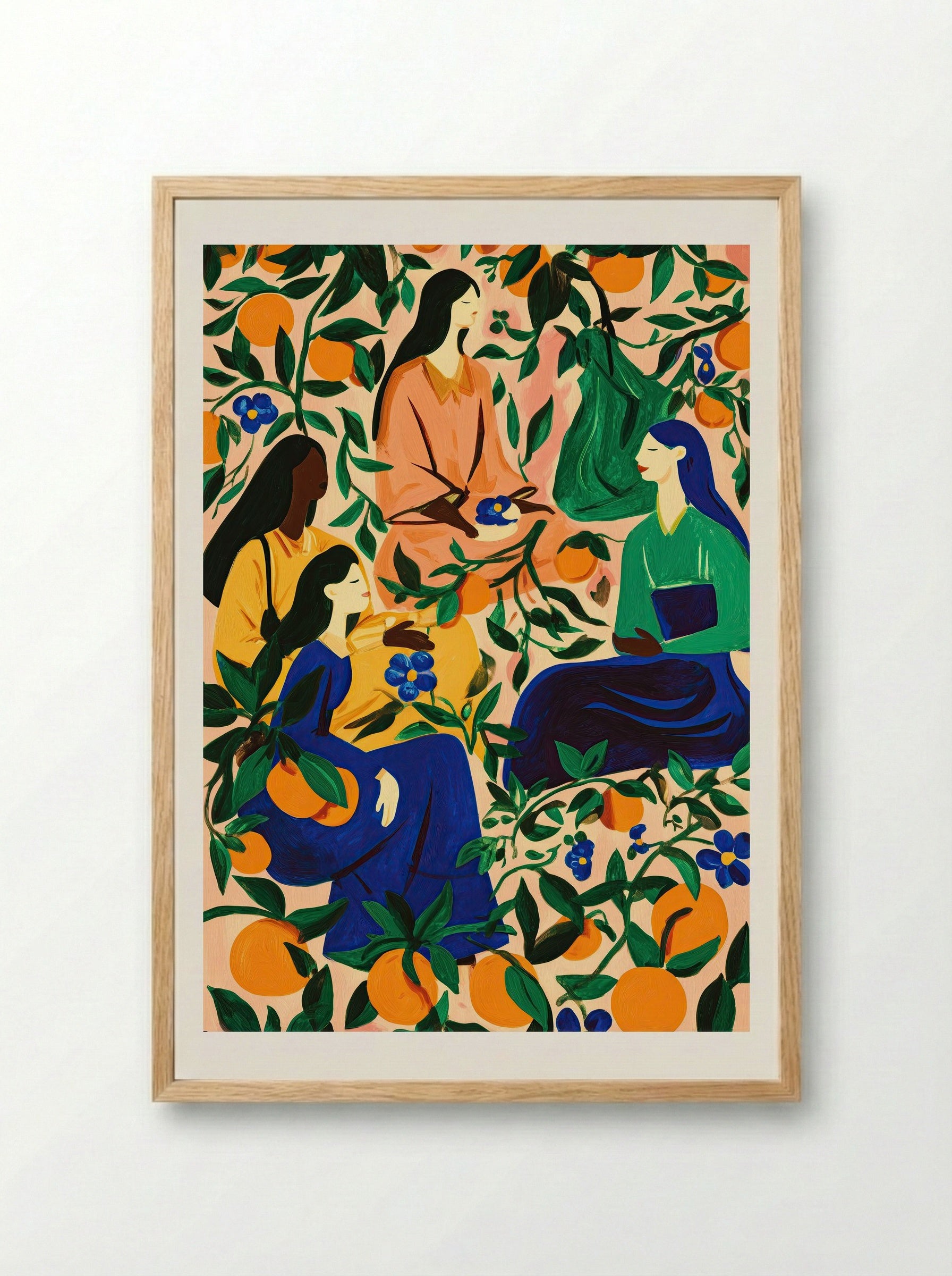 Orange Grove Gathering Botanical Portrait Print - Framed Print Wood