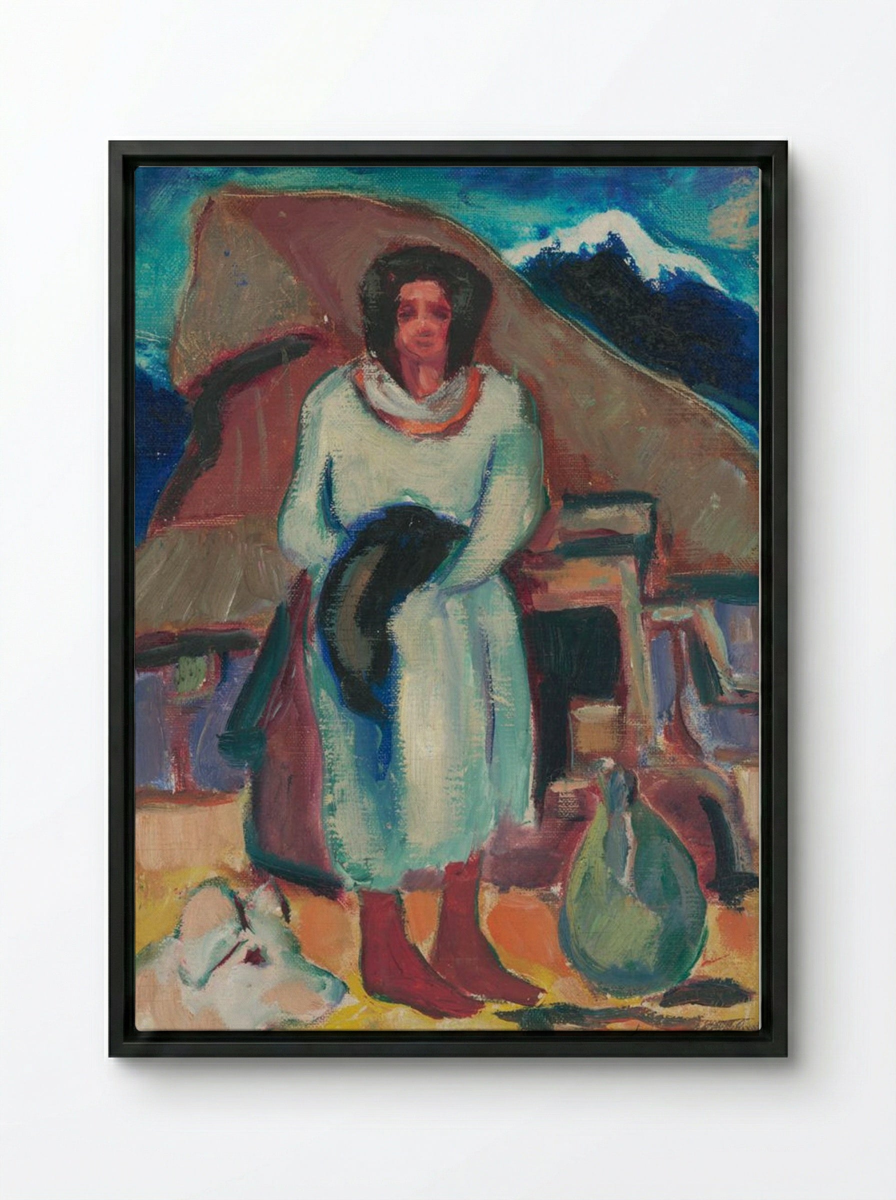 Study of a Village Girl in Front of a Cottage - Zolo Palugyay - Framed Canvas Black