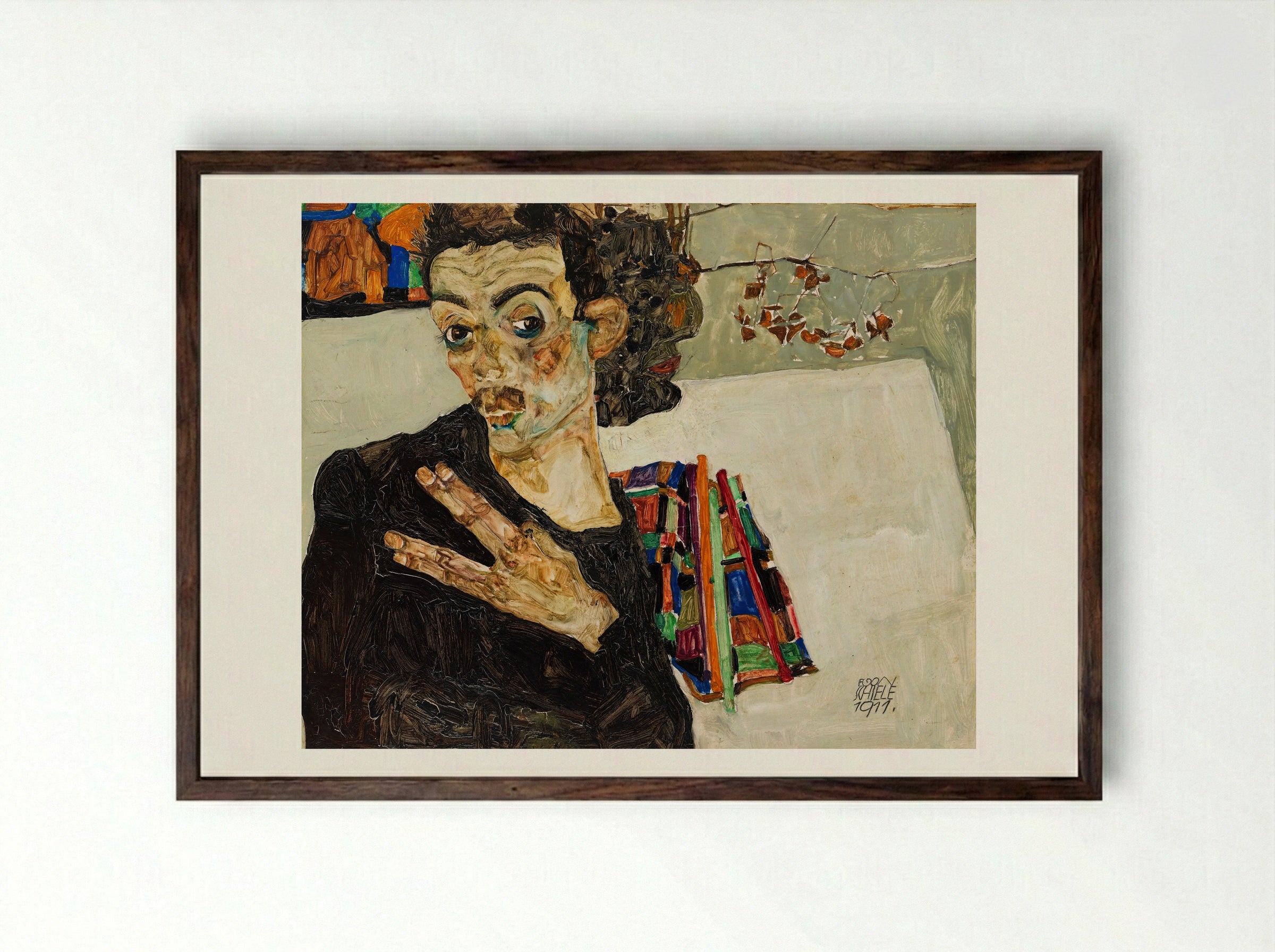 Self-Portrait - Egon Schiele - Framed Print Dark Wood