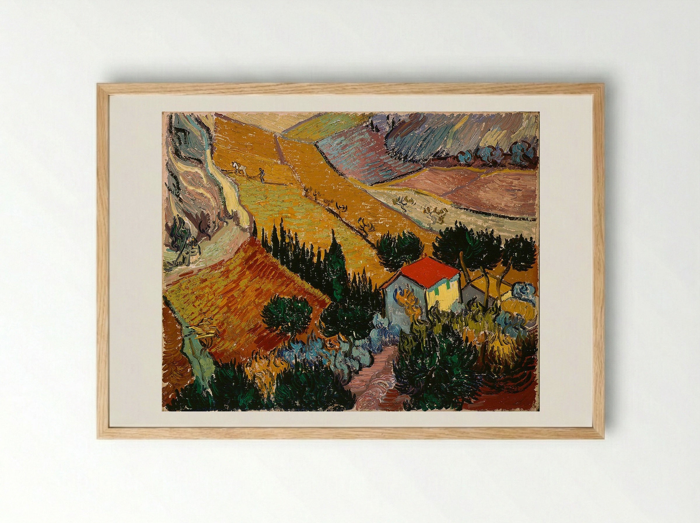 Landscape with House and Ploughman - Vincent van Gogh - Framed Print Wood