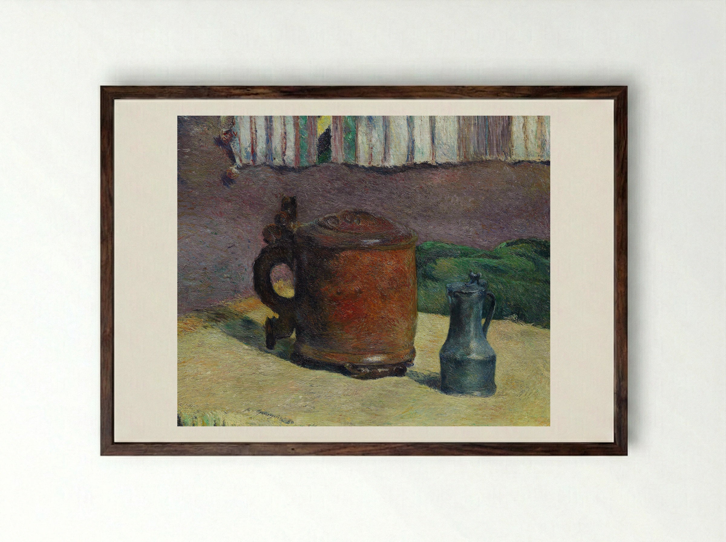 Still Life with Wood Tankard and Metal Pitcher - Paul Gauguin - Framed Print Dark Wood