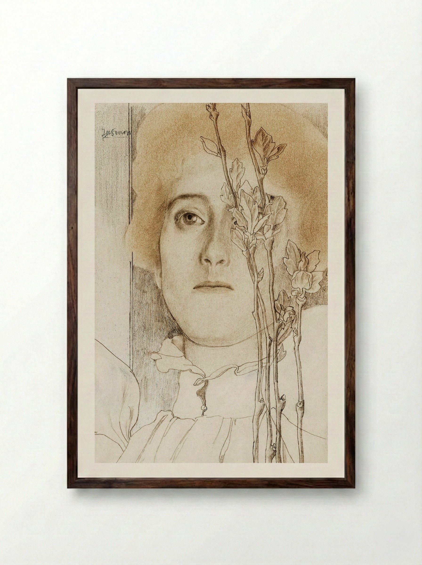 Portrait of an Unknown Woman with Flowering Branch - Jan Toorop - Framed Print Dark Wood