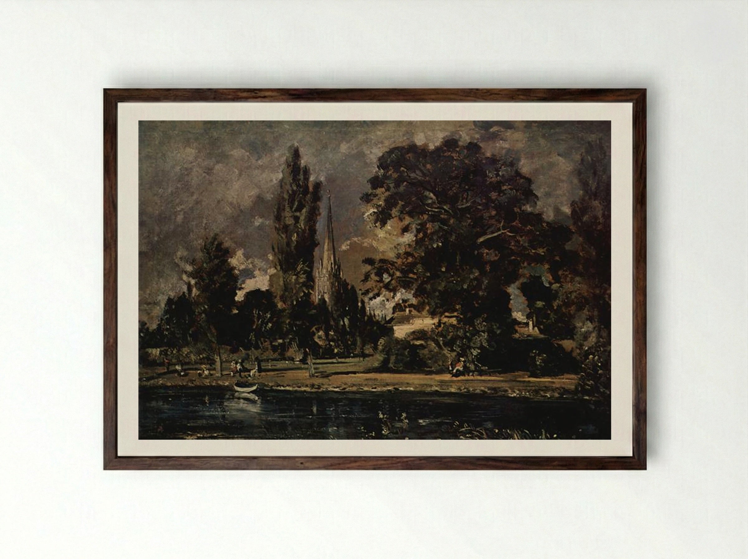 The View of Salisbury Cathedral from the River, with the House of the Archdeacon Fisher - John Constable - Framed Print Dark Wood