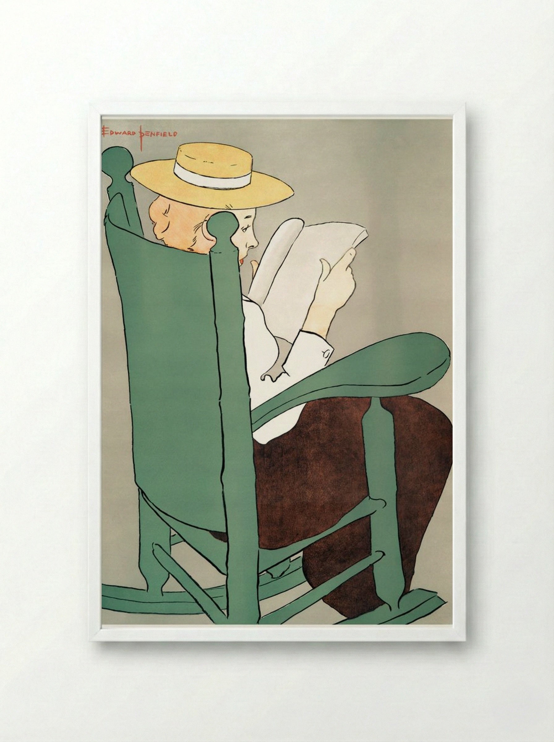 Woman Reading in a Rocking Chair - Edward Penfield - Framed Print White