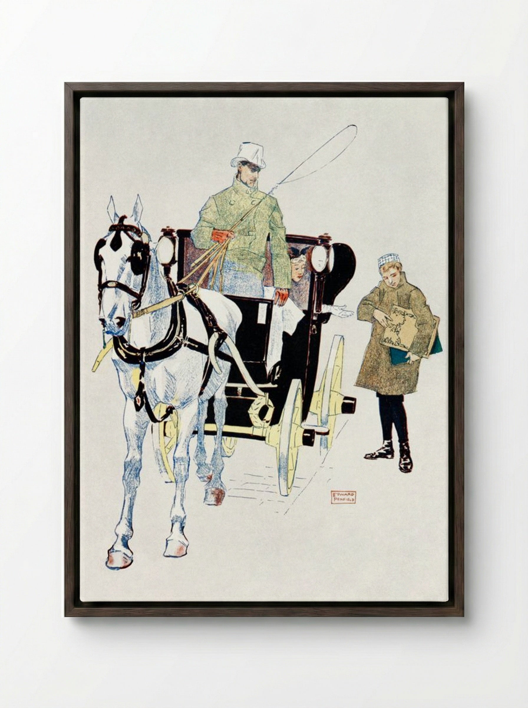 Vintage Carriage - Edward Penfield - Framed Canvas Dark Wood