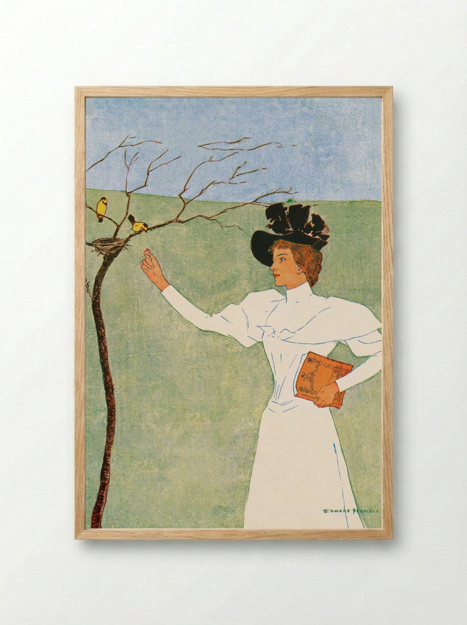 Woman Reaching for Birds - Edward Penfield - Framed Print Wood