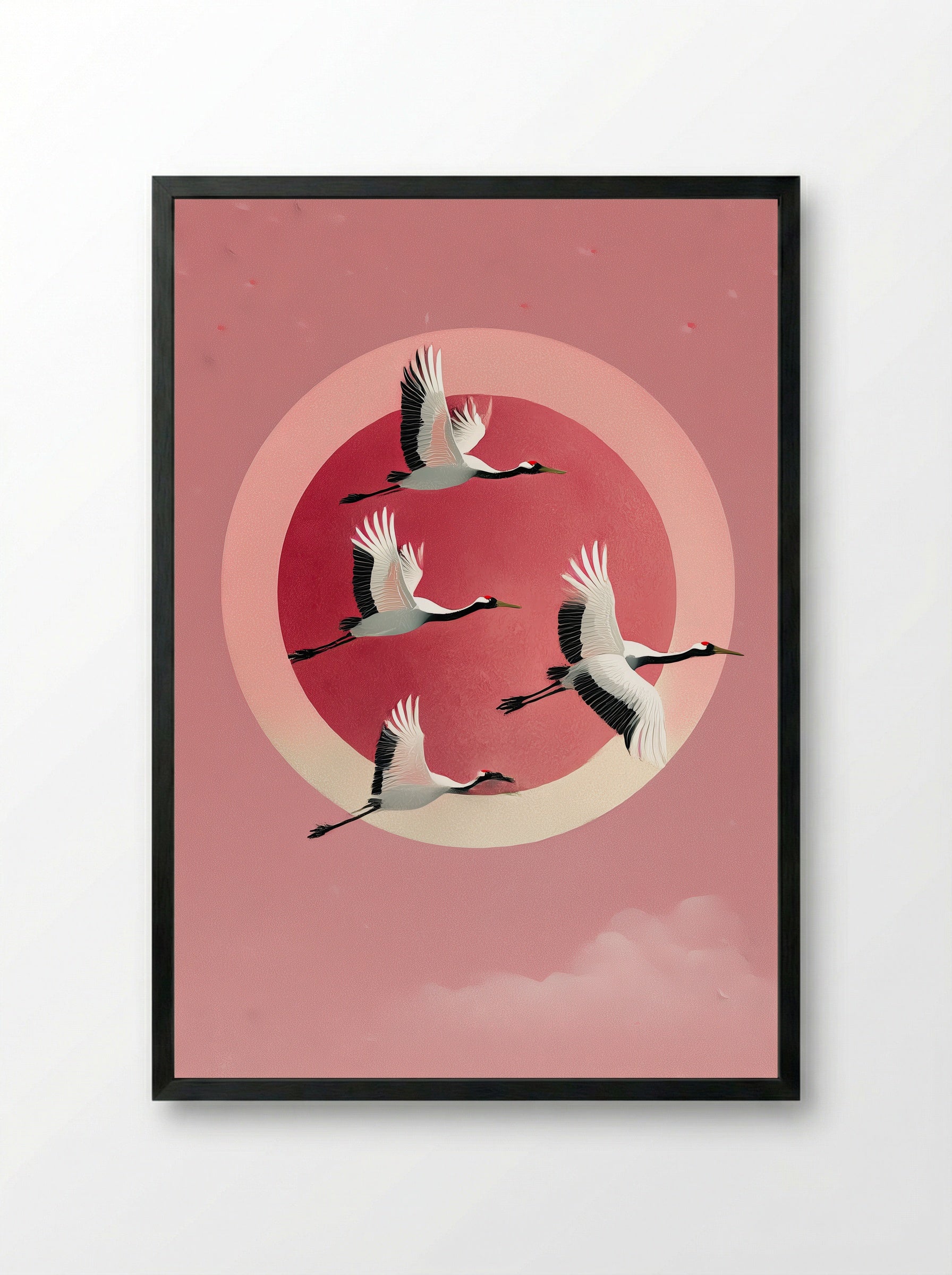 Crimson Flight Japanese Crane Poster Print - Framed Print Black