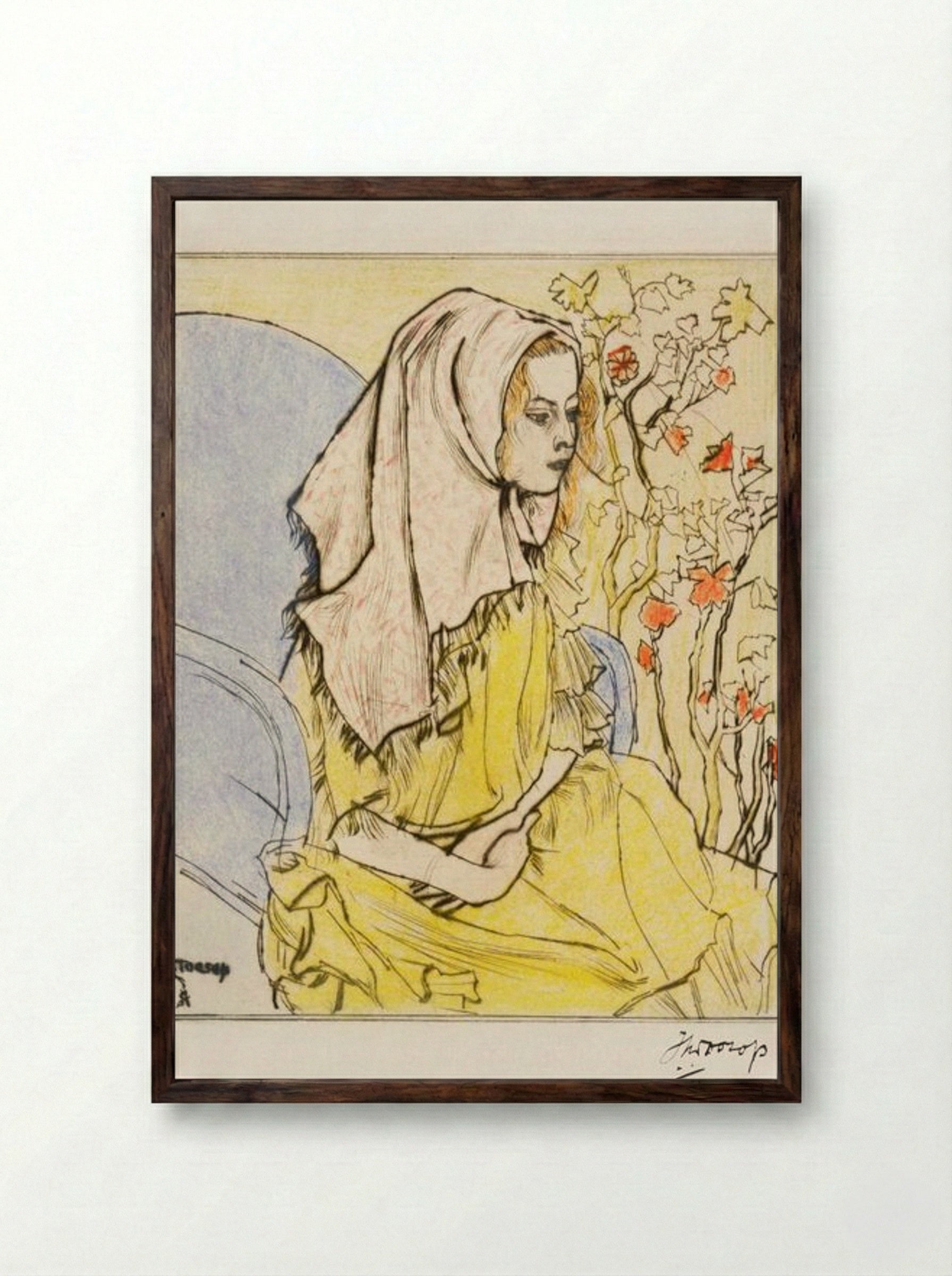 Charley Toorop with a Headscarf in an Armchair - Jan Toorop - Framed Print Dark Wood