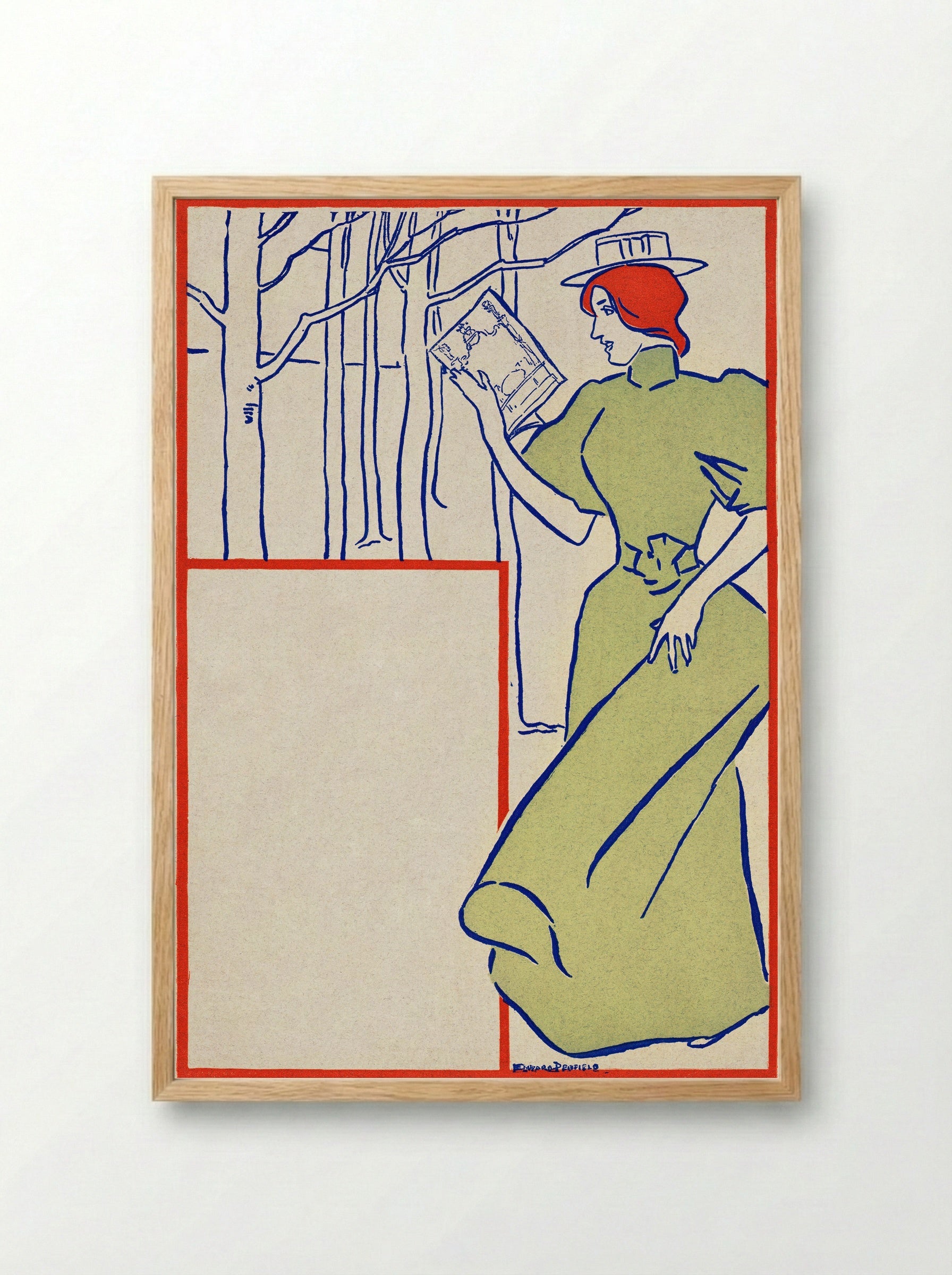Woman in Green Dress Reading a Book - Edward Penfield - Framed Print Wood