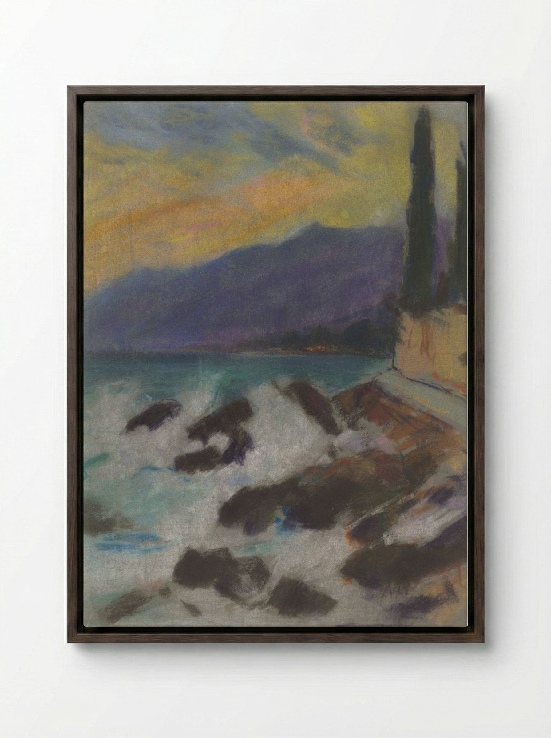 Rocky Seashore with Cypresses - Zolo Palugyay - Framed Canvas Dark Wood