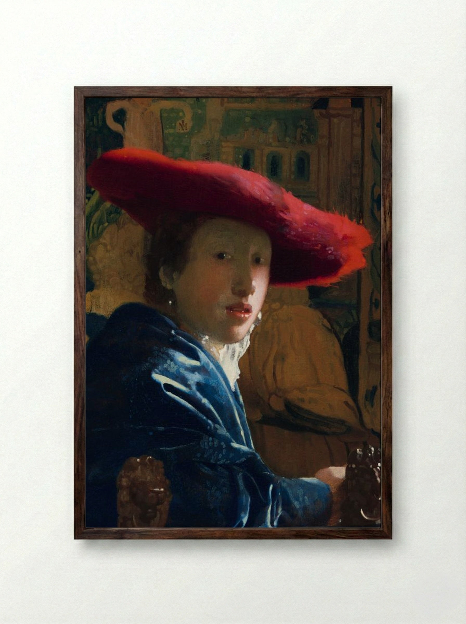 Girl with a Red Hat - Johannes Vermeer - Framed Print Dark Wood