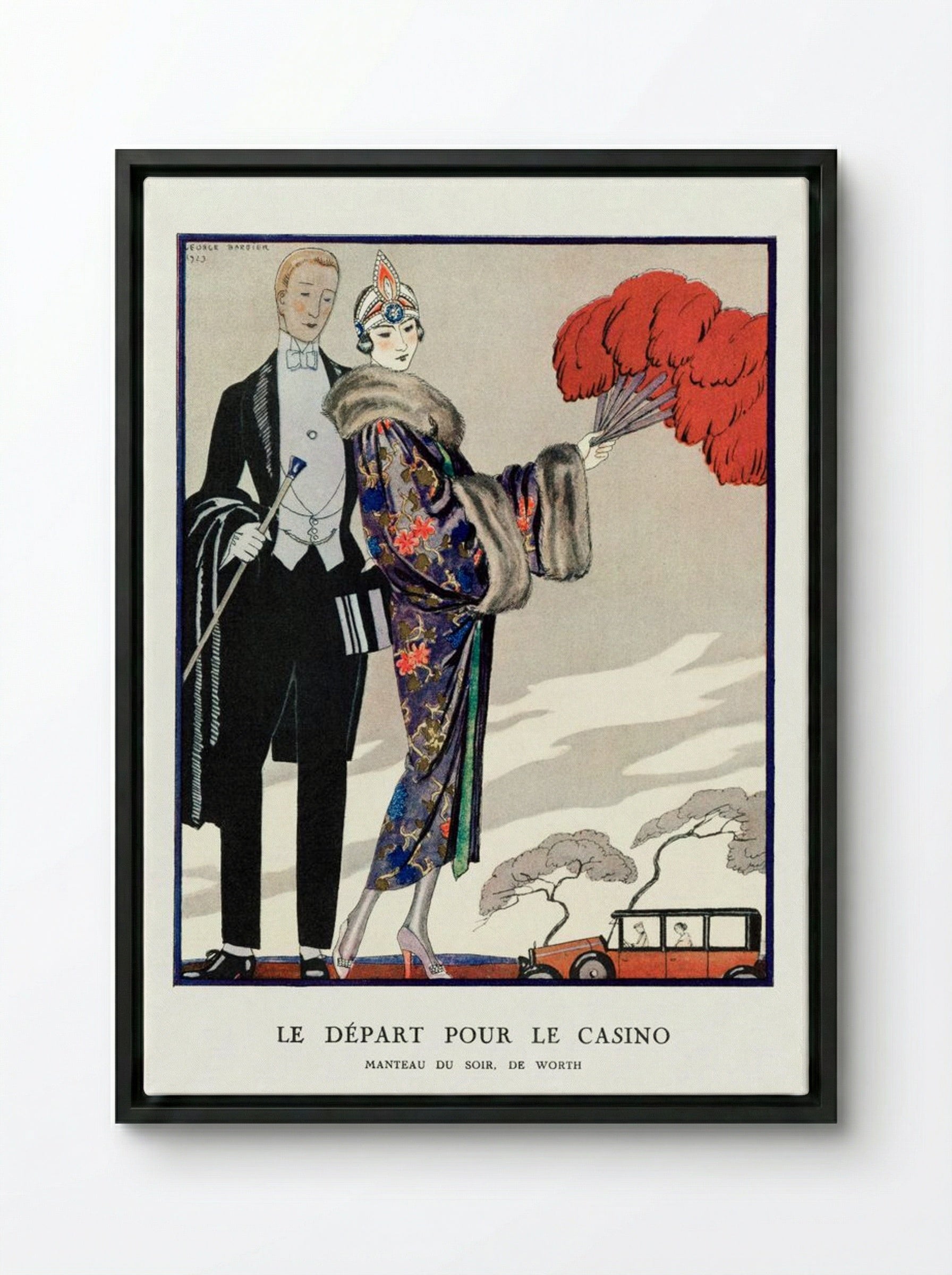 Le Départ pour le Casino, Manteau du Soir de Worth - George Barbier - Framed Canvas Black