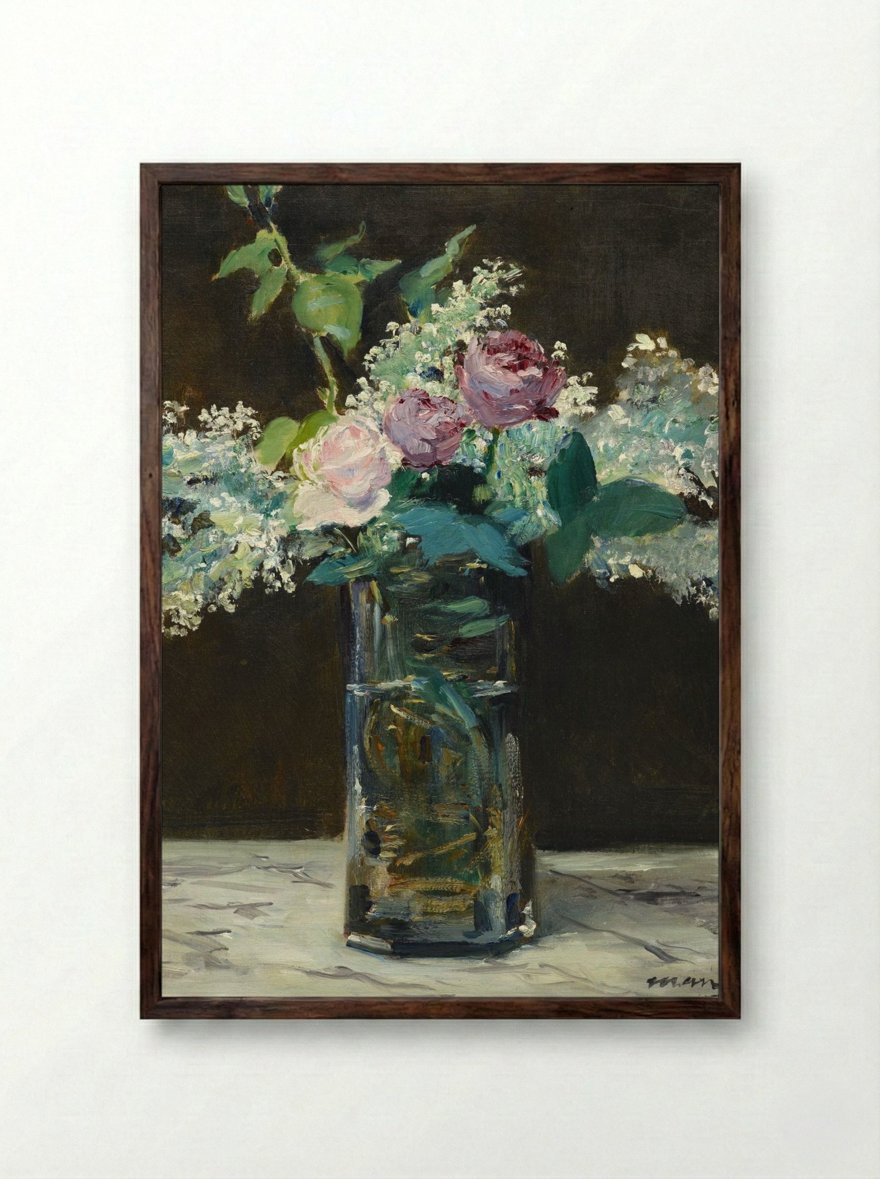 Vase of White Lilacs and Roses - Édouard Manet - Framed Print Dark Wood