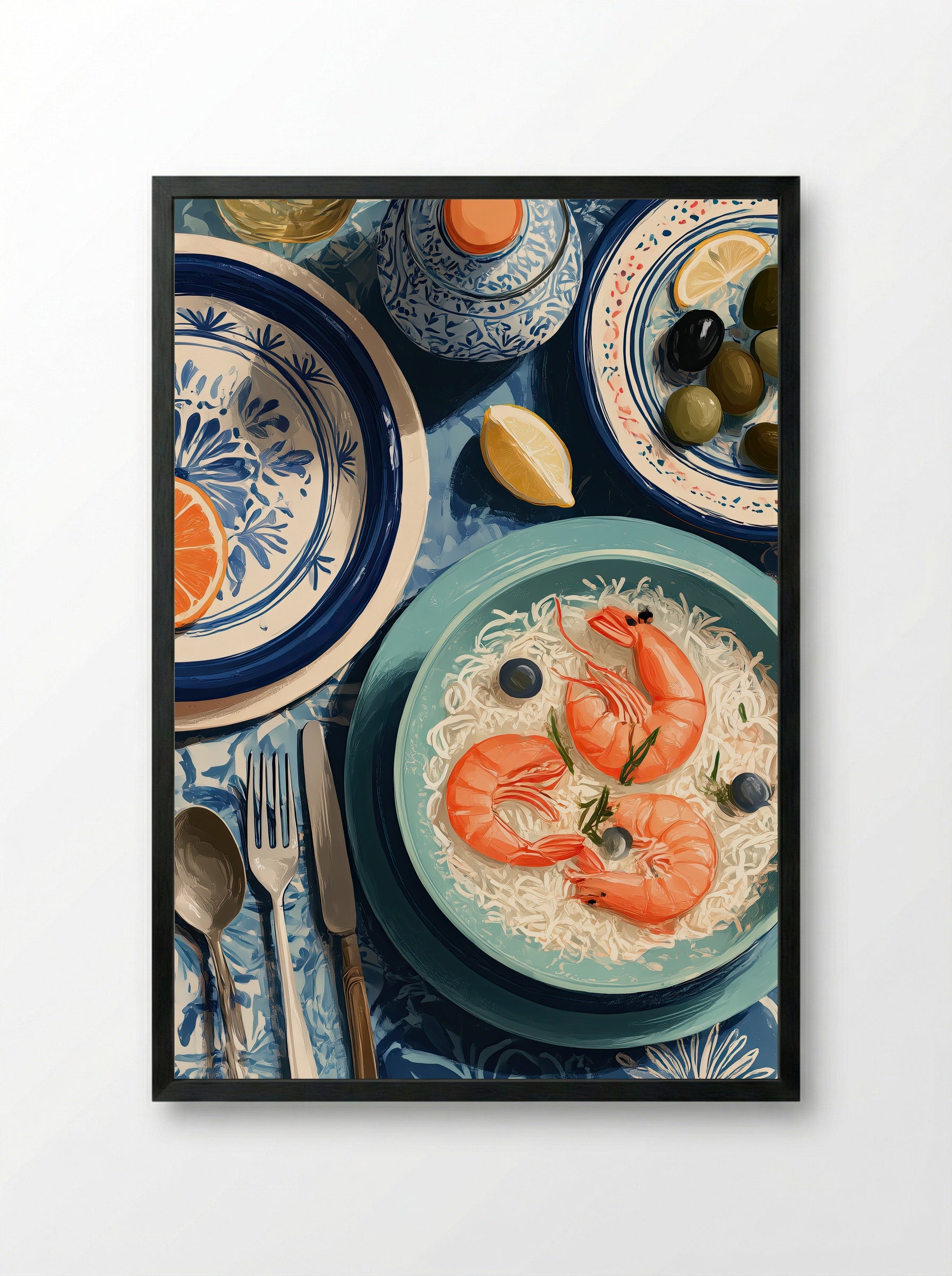Mediterranean Table Seafood Still Life Art Print - Framed Print Black